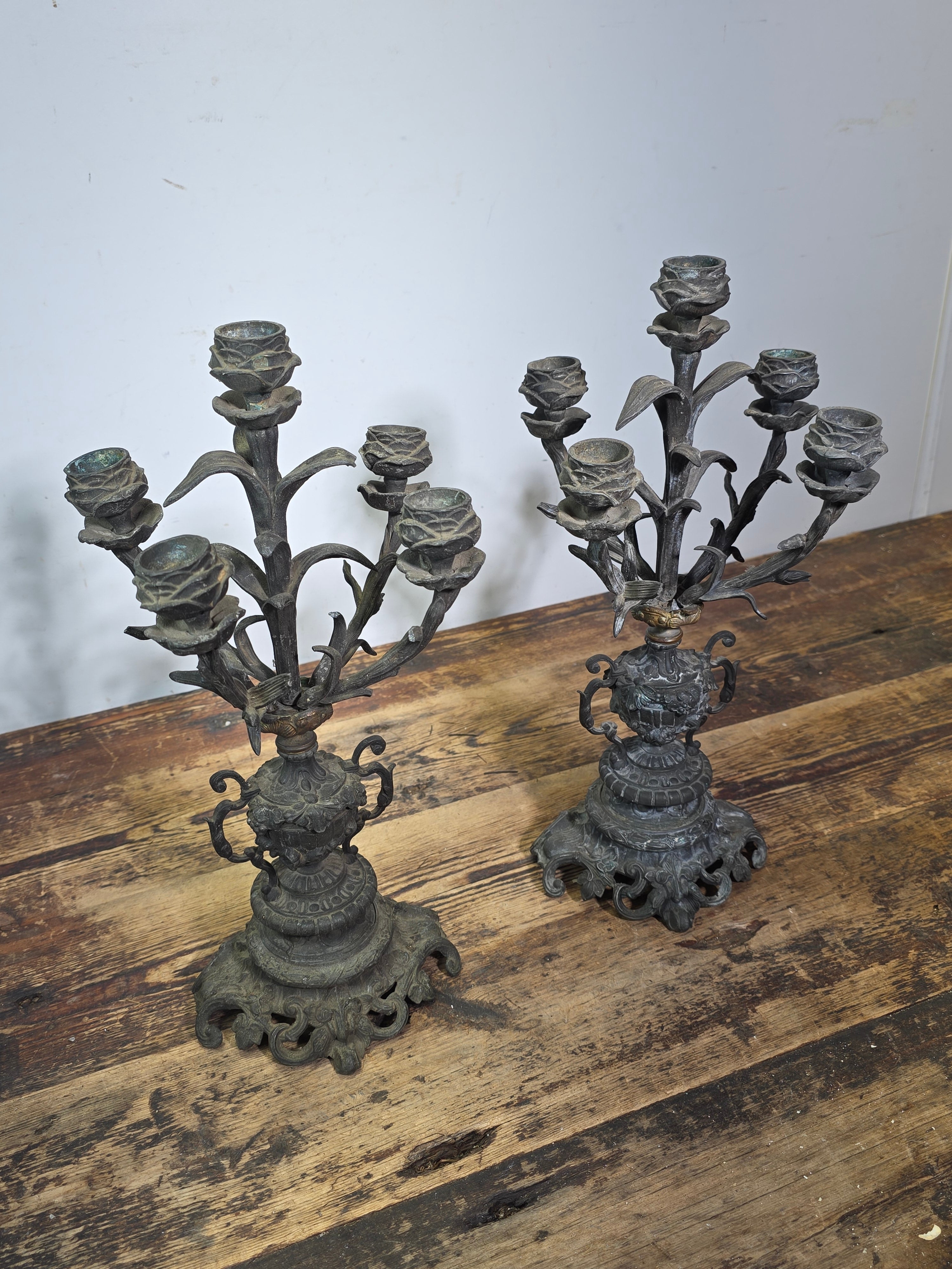 Antique French Rococo 5-Light Candelabra Pair Rose Spelter 15.5" - DAMAGED AS-IS