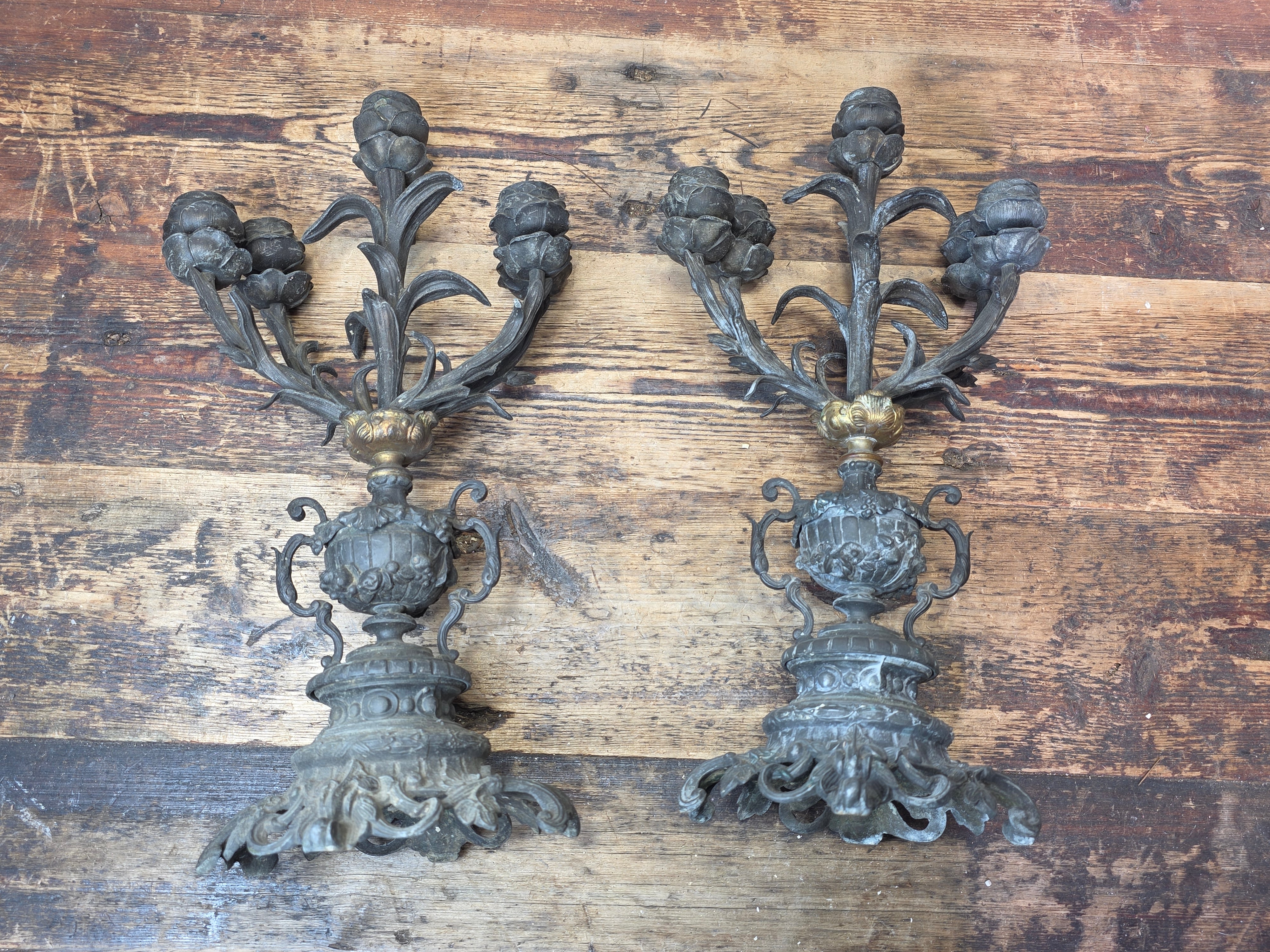 Antique French Rococo 5-Light Candelabra Pair Rose Spelter 15.5" - DAMAGED AS-IS