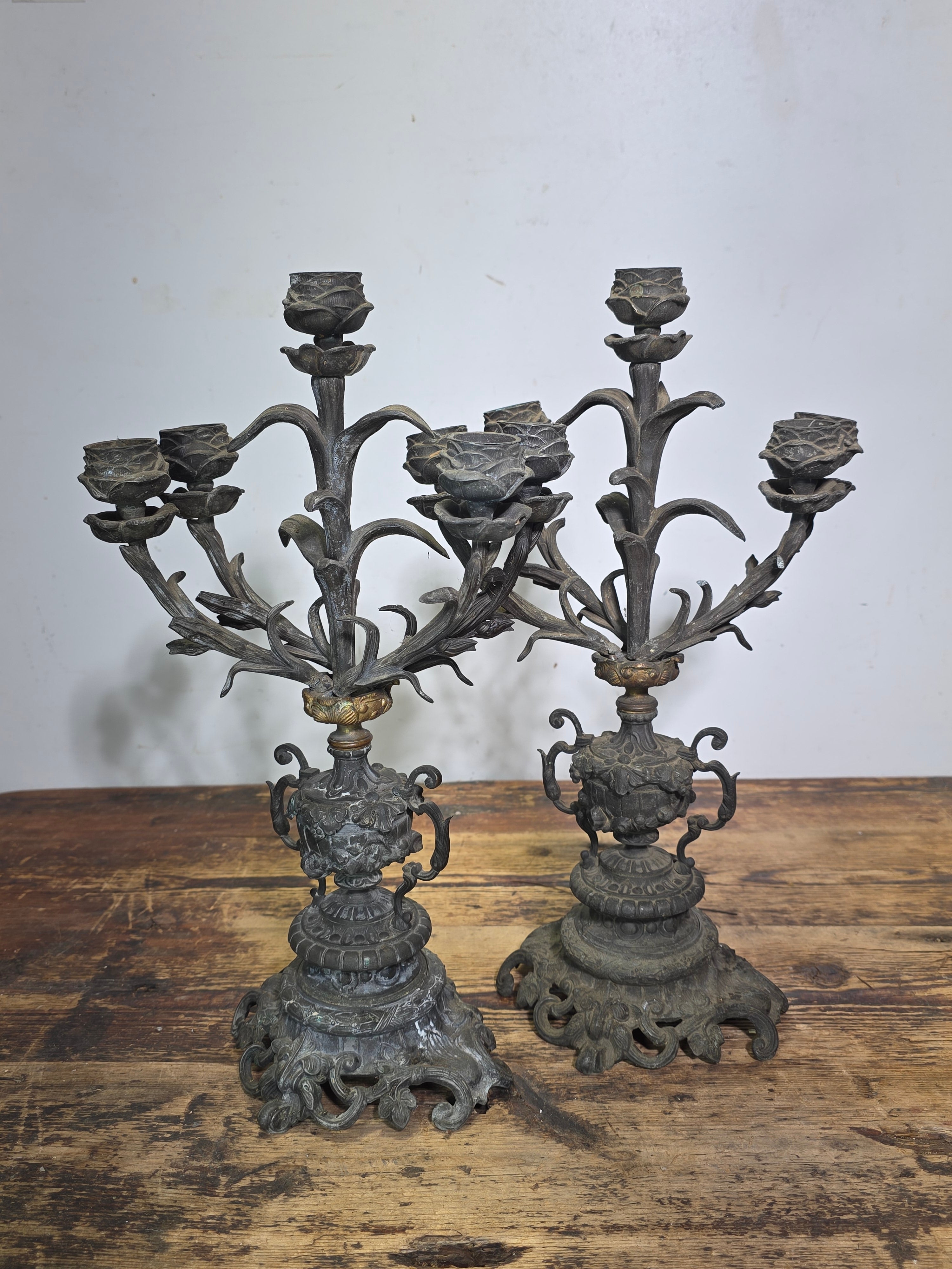 Antique French Rococo 5-Light Candelabra Pair Rose Spelter 15.5" - DAMAGED AS-IS