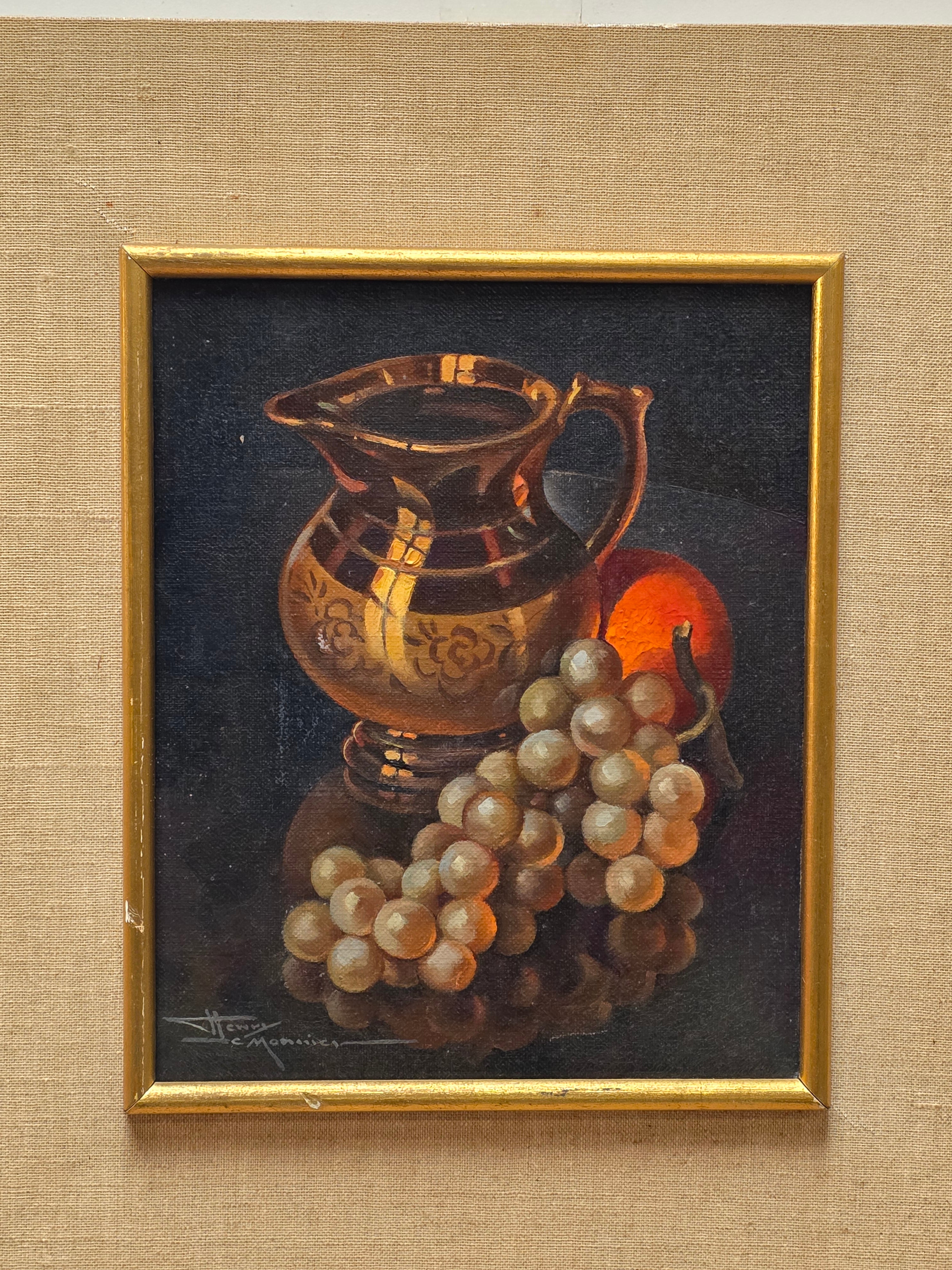 Henry Le Monnier Original Still Life Oil Painting 1930s Gilt Pitcher Grapes