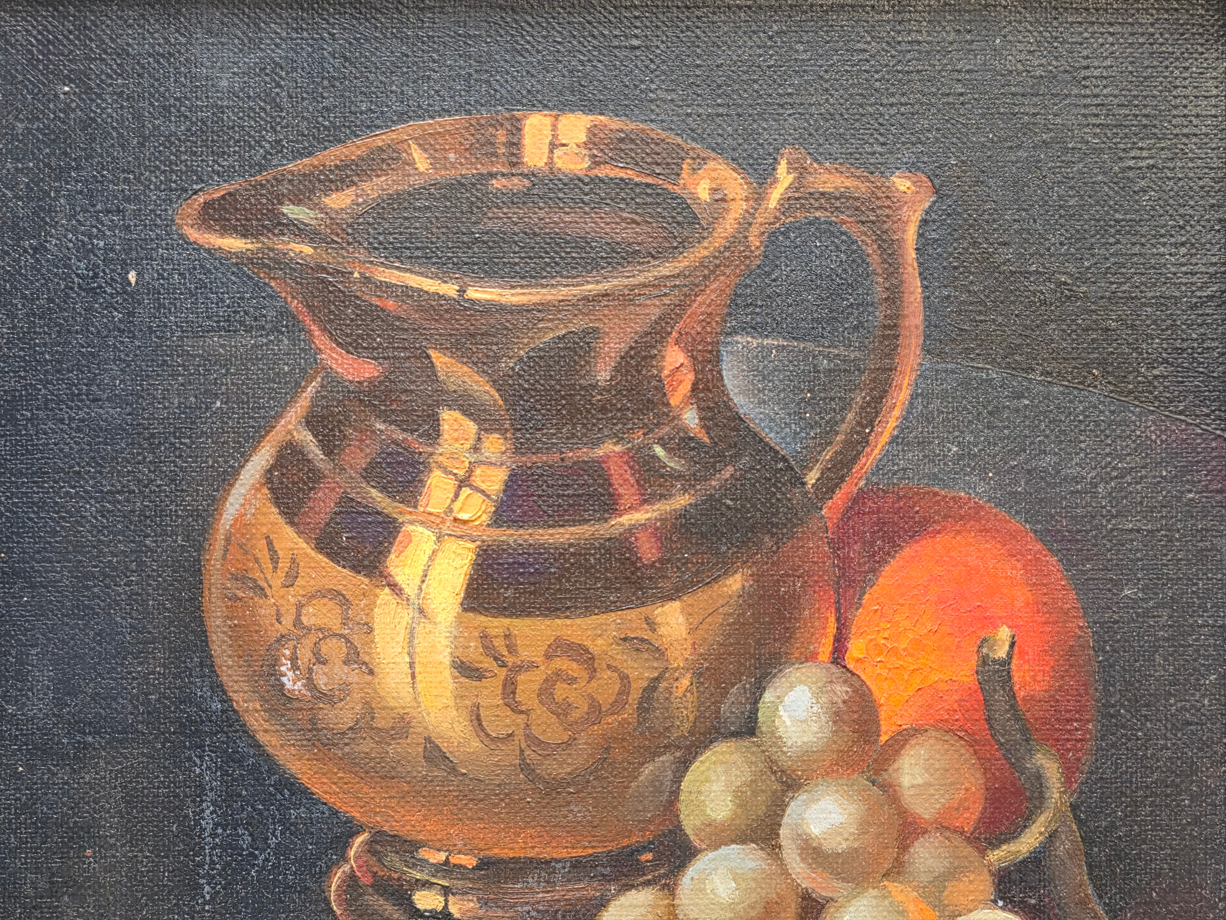 Henry Le Monnier Original Still Life Oil Painting 1930s Gilt Pitcher Grapes
