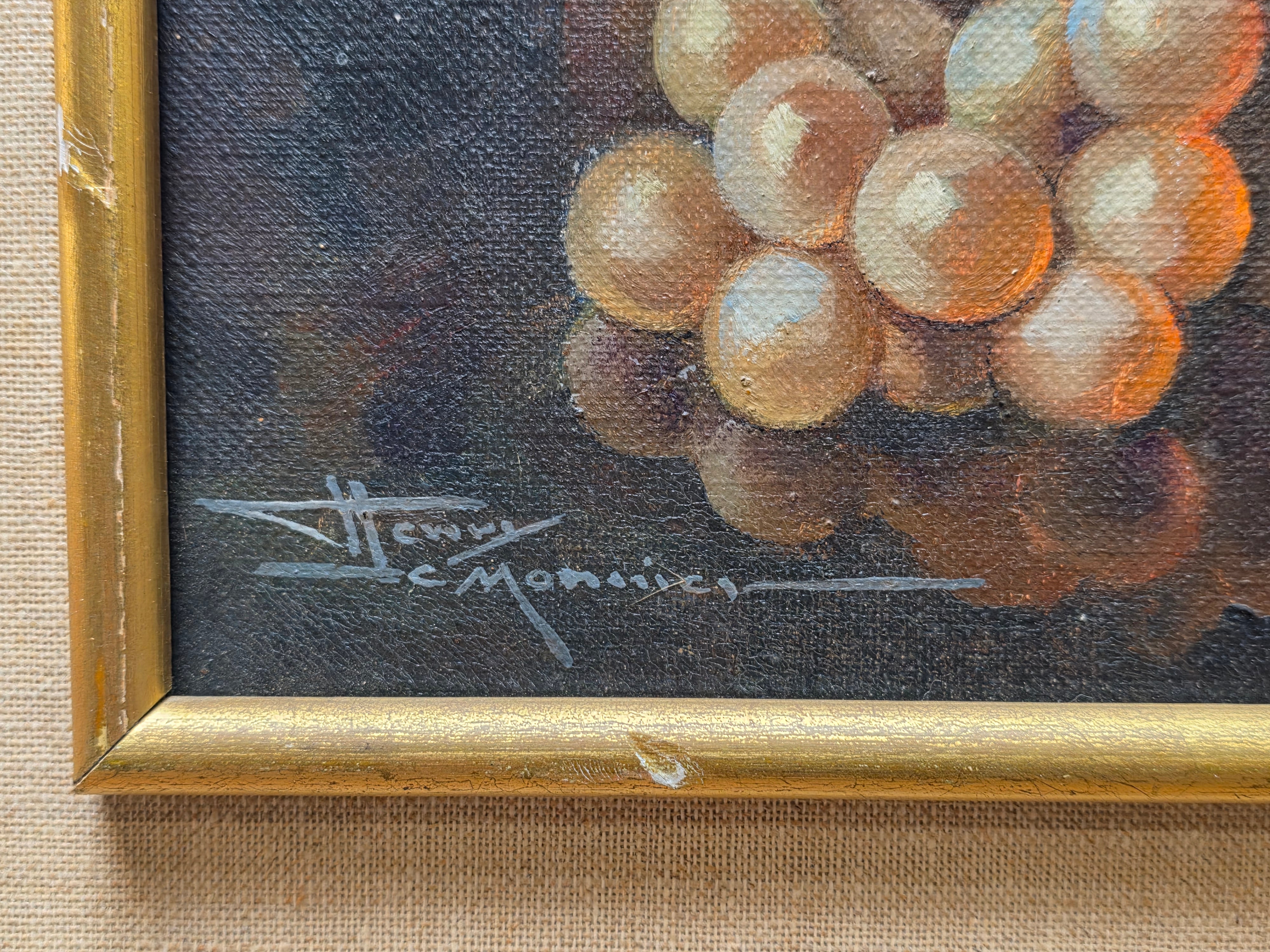 Henry Le Monnier Original Still Life Oil Painting 1930s Gilt Pitcher Grapes