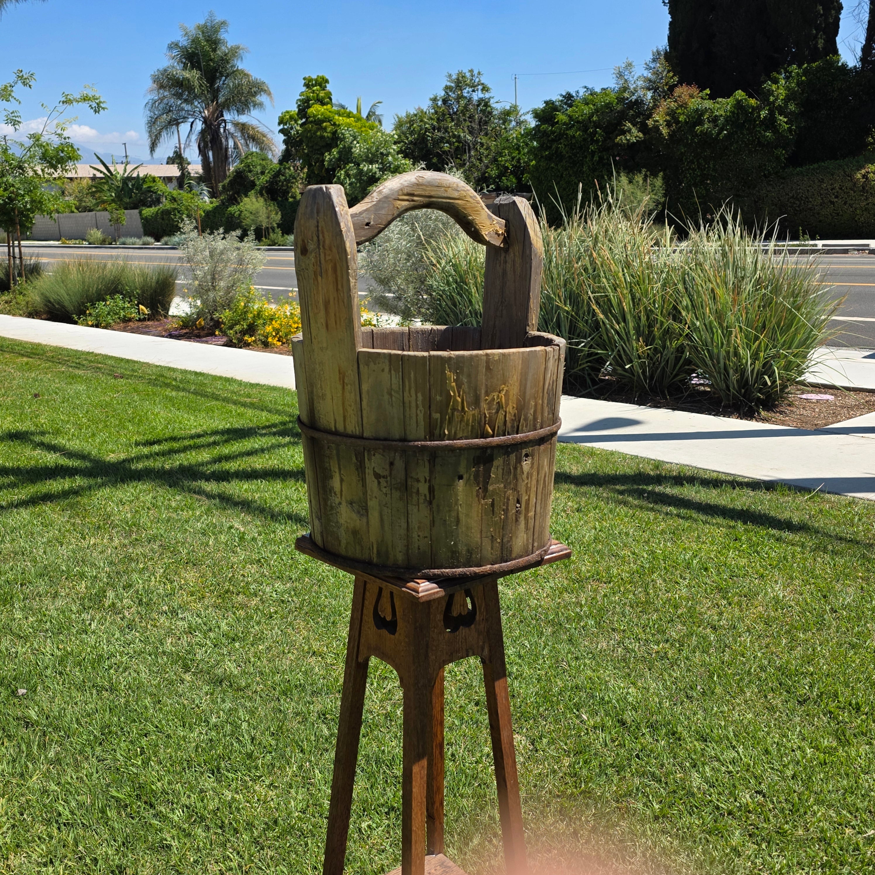 Antique Primitive Wooden Bucket 19th C Extended Stave Handle Rustic Farmhouse