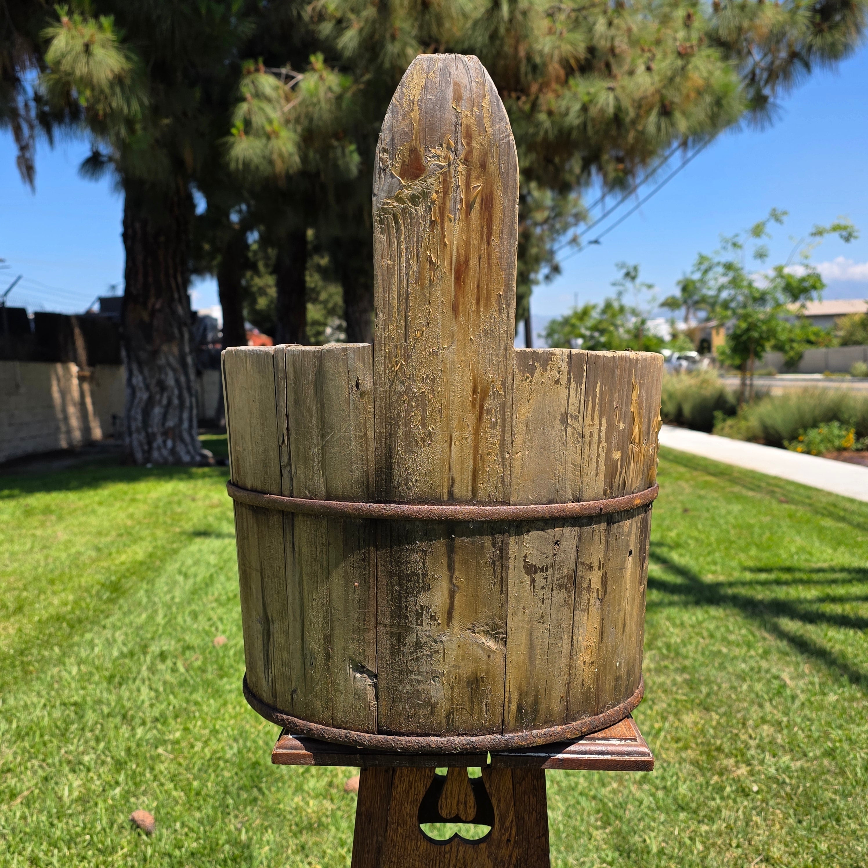 Antique Primitive Wooden Bucket 19th C Extended Stave Handle Rustic Farmhouse