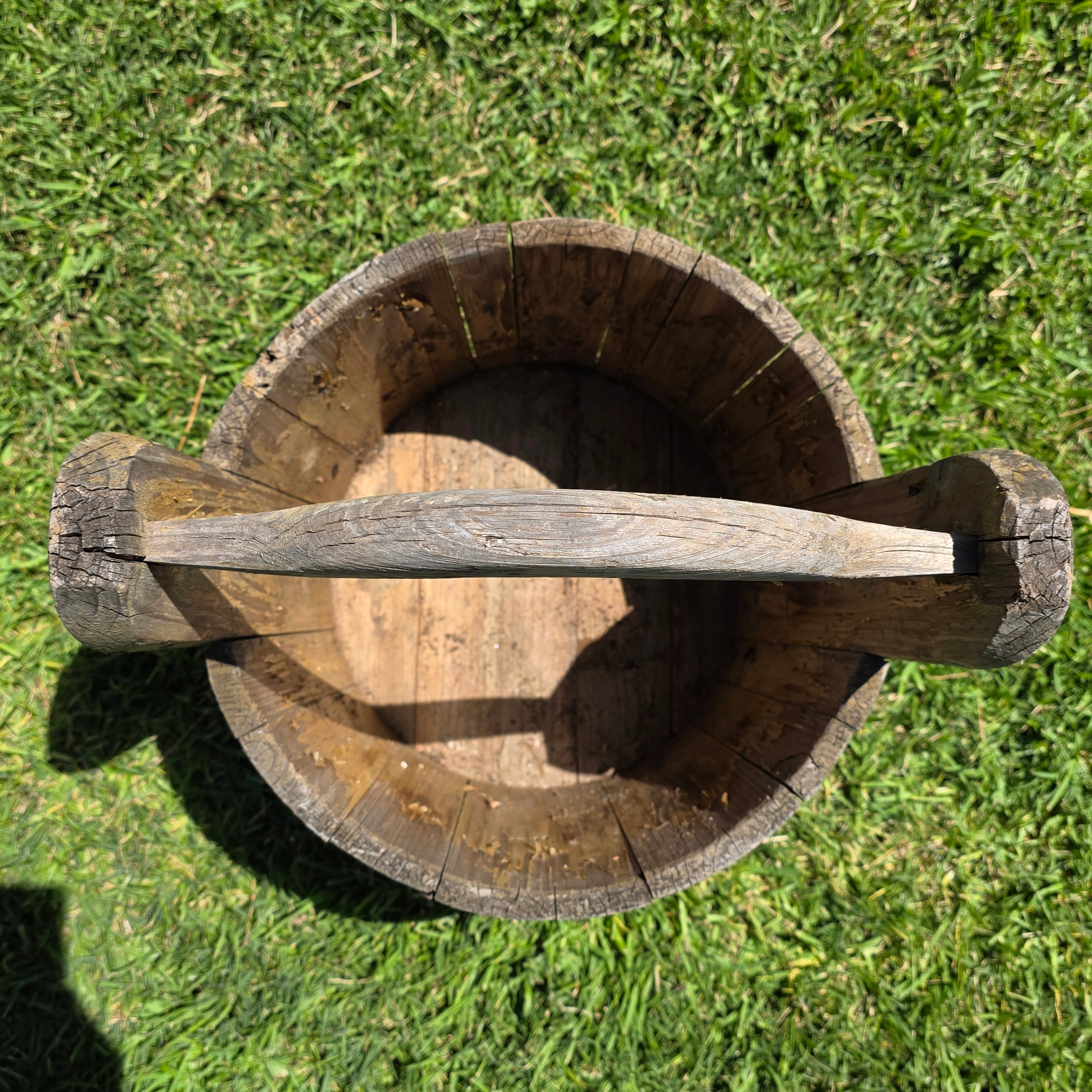 Antique Primitive Wooden Bucket 19th C Extended Stave Handle Rustic Farmhouse