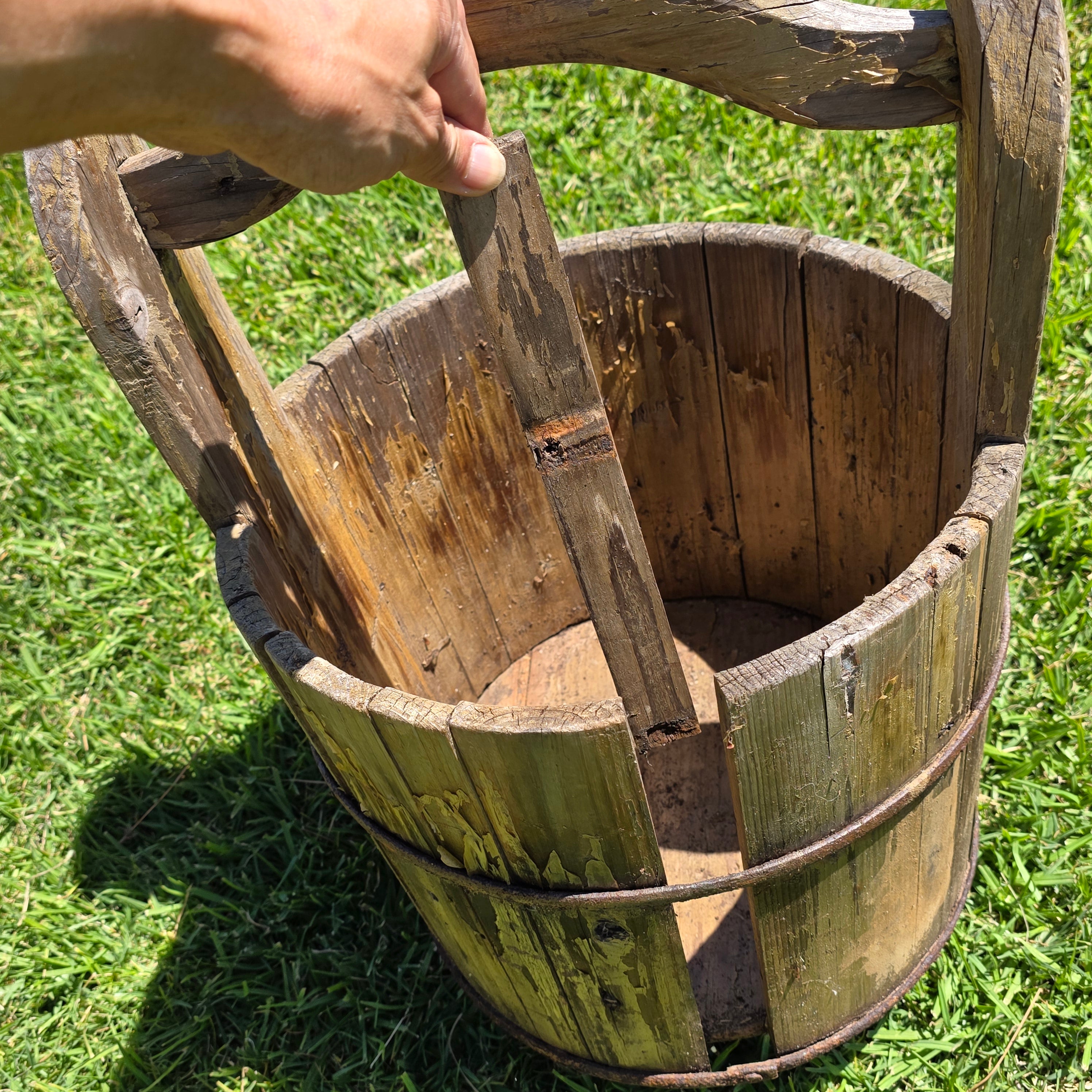 Antique Primitive Wooden Bucket 19th C Extended Stave Handle Rustic Farmhouse