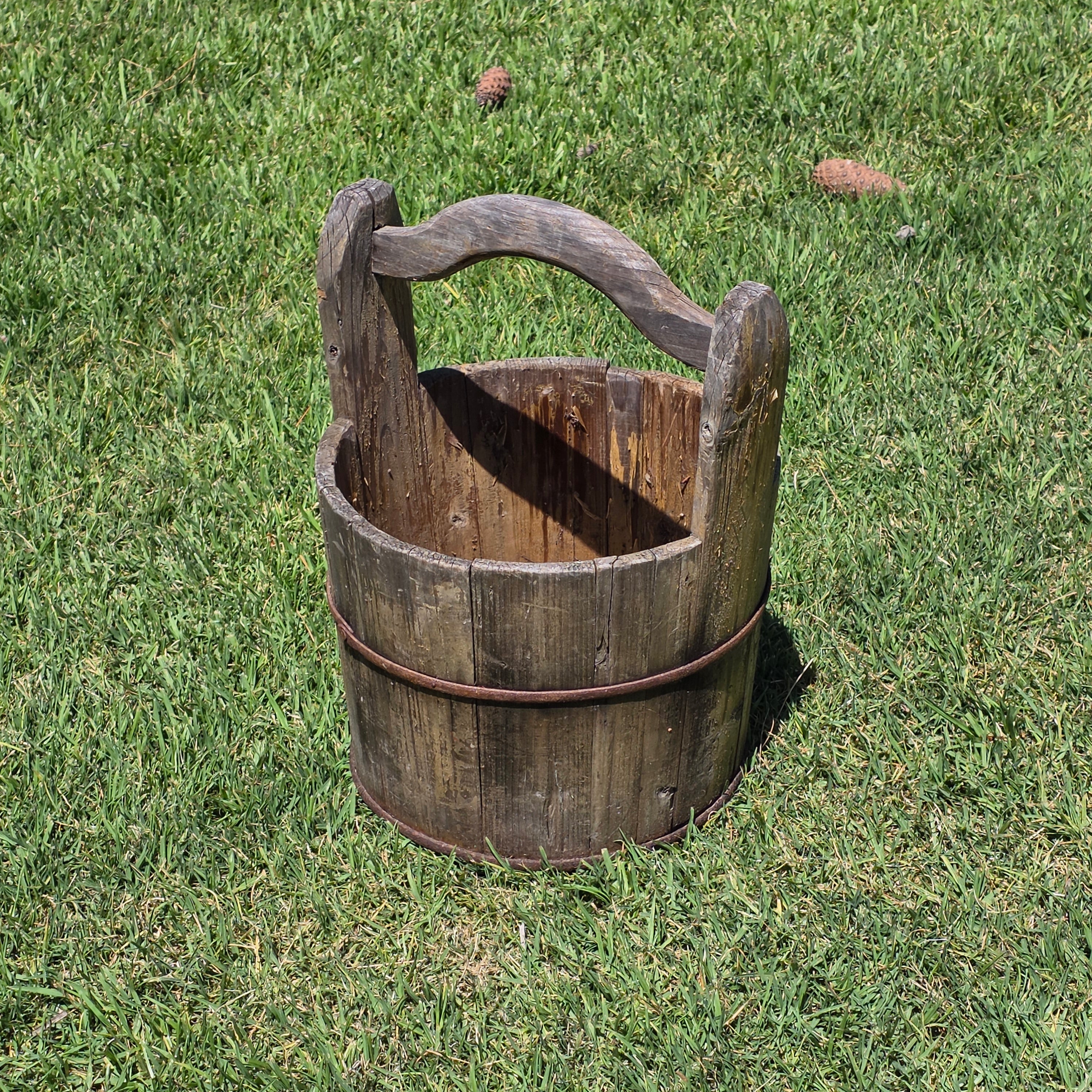 Antique Primitive Wooden Bucket 19th C Extended Stave Handle Rustic Farmhouse