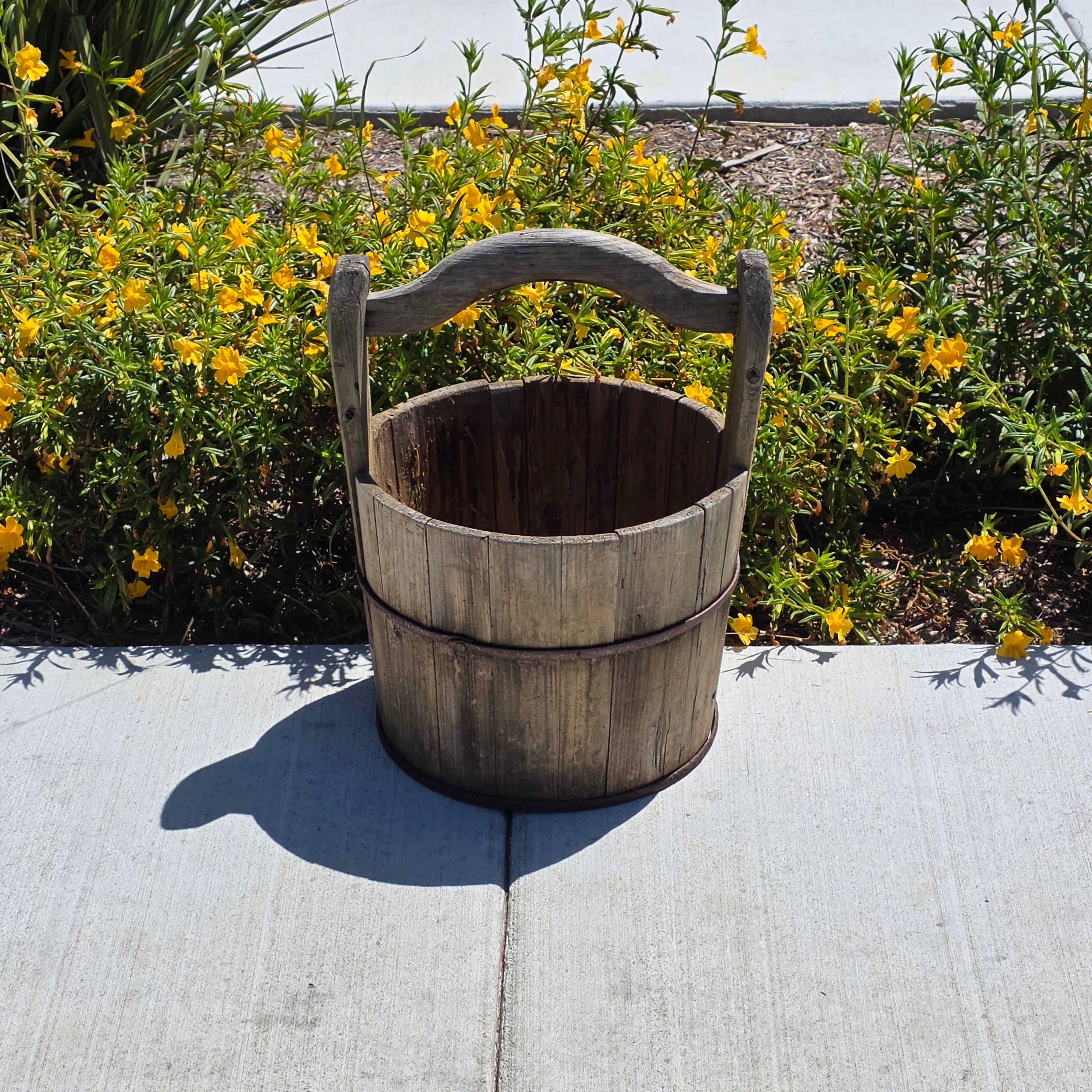 Antique Primitive Wooden Bucket 19th C Extended Stave Handle Rustic Farmhouse