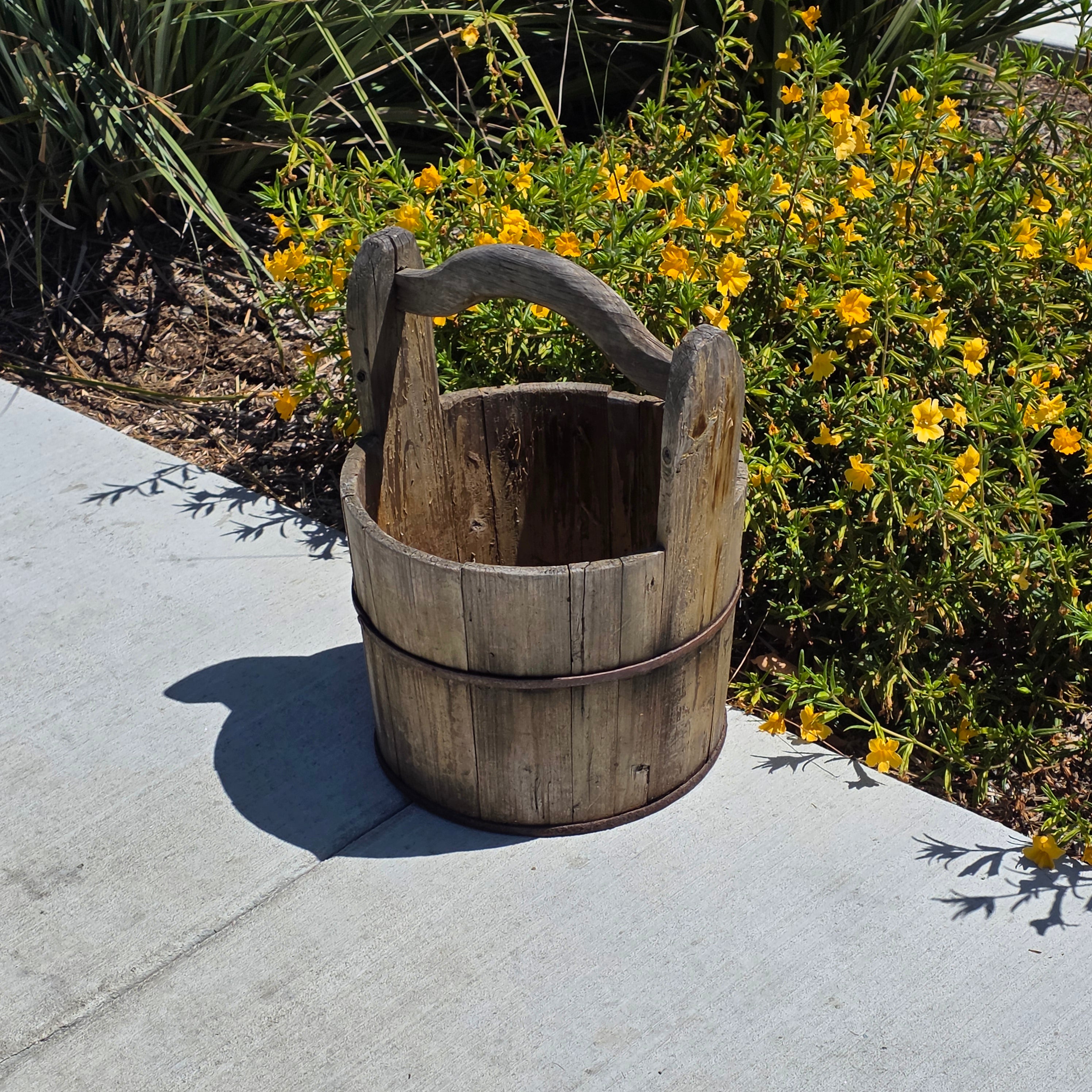 Antique Primitive Wooden Bucket 19th C Extended Stave Handle Rustic Farmhouse