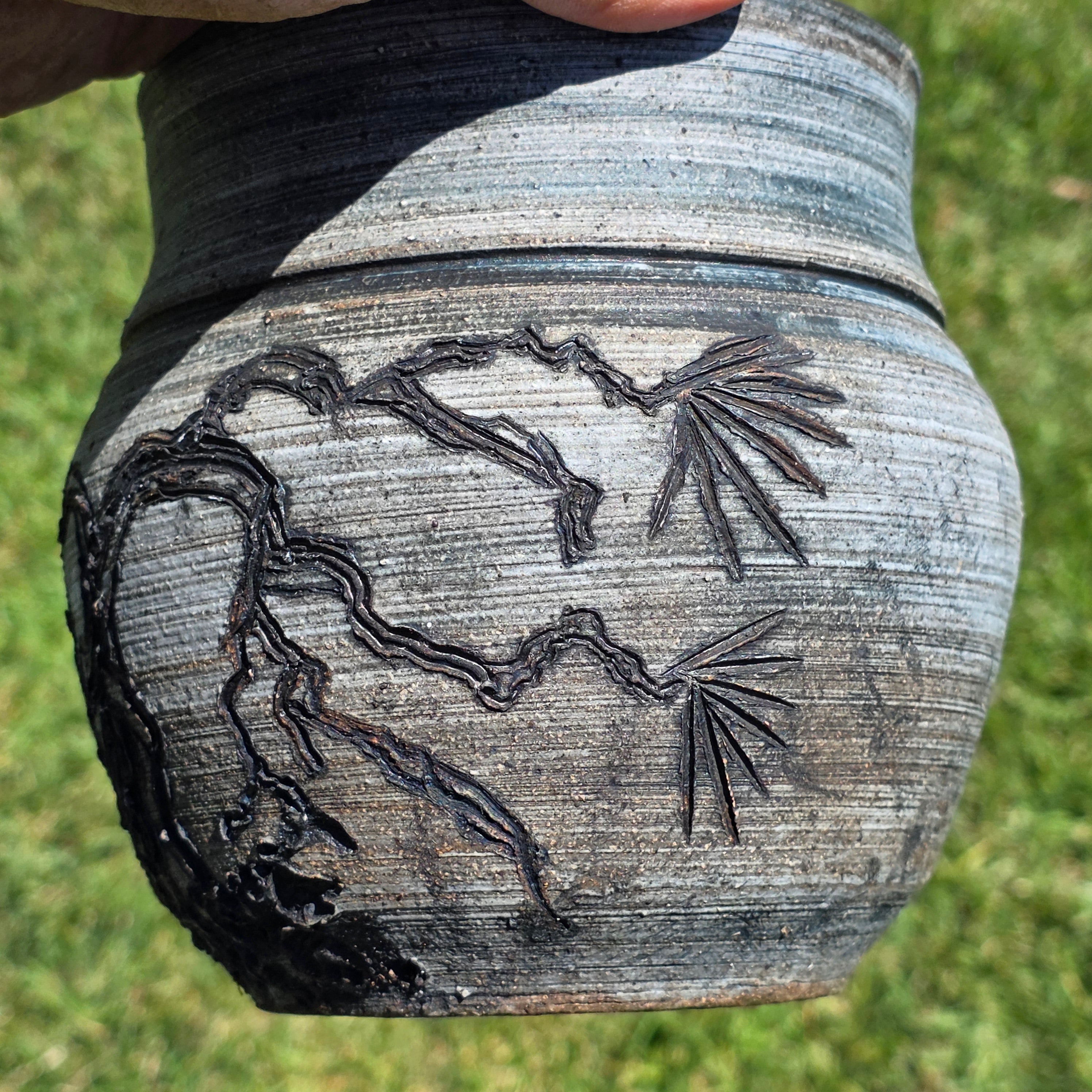 Vintage 1973 Signed HARI Studio Pottery Planter Pine Tree Zen Art 6" Hairline