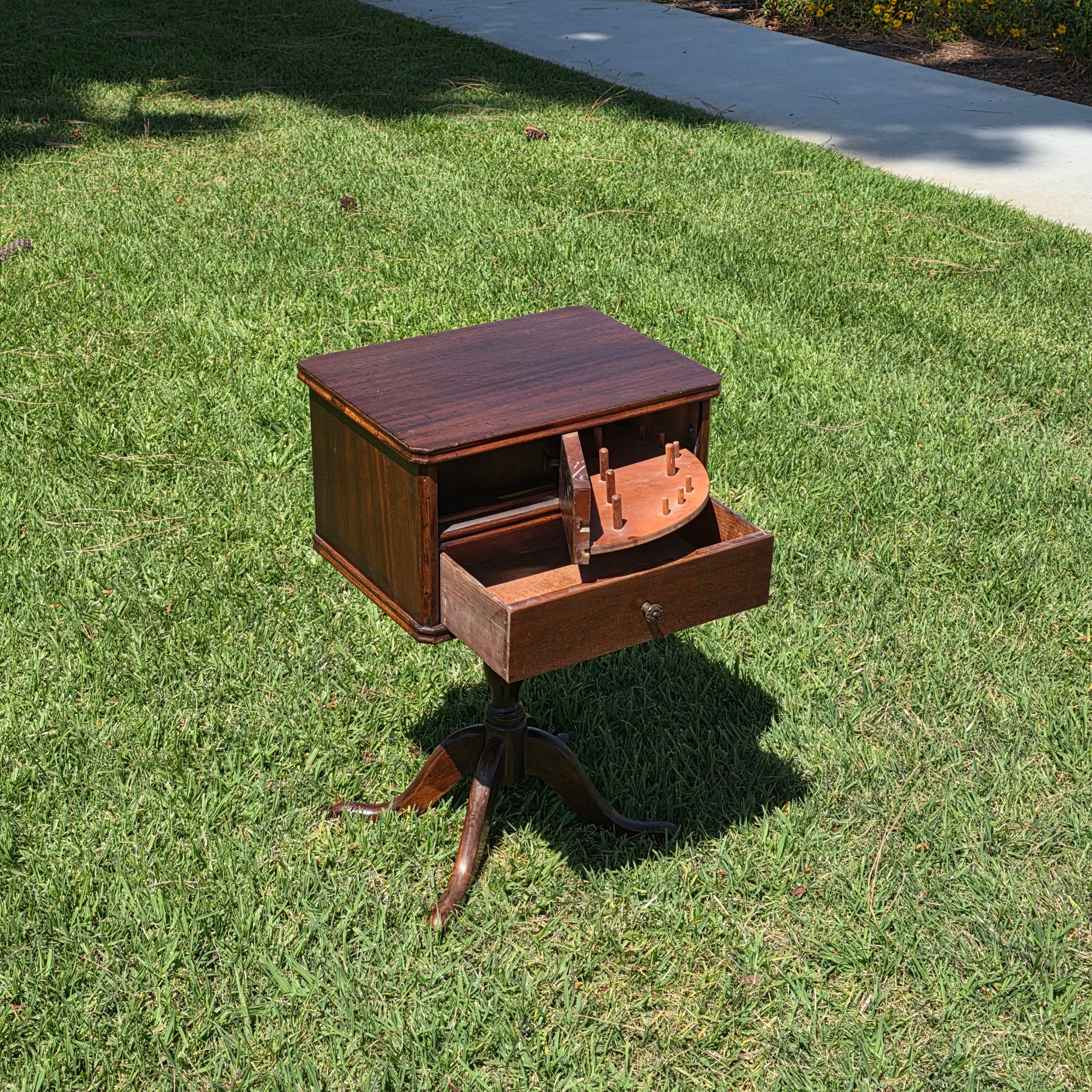 Vintage Duncan Phyfe Style Sewing Cabinet Side Table Mahogany Wood Spool Drawer