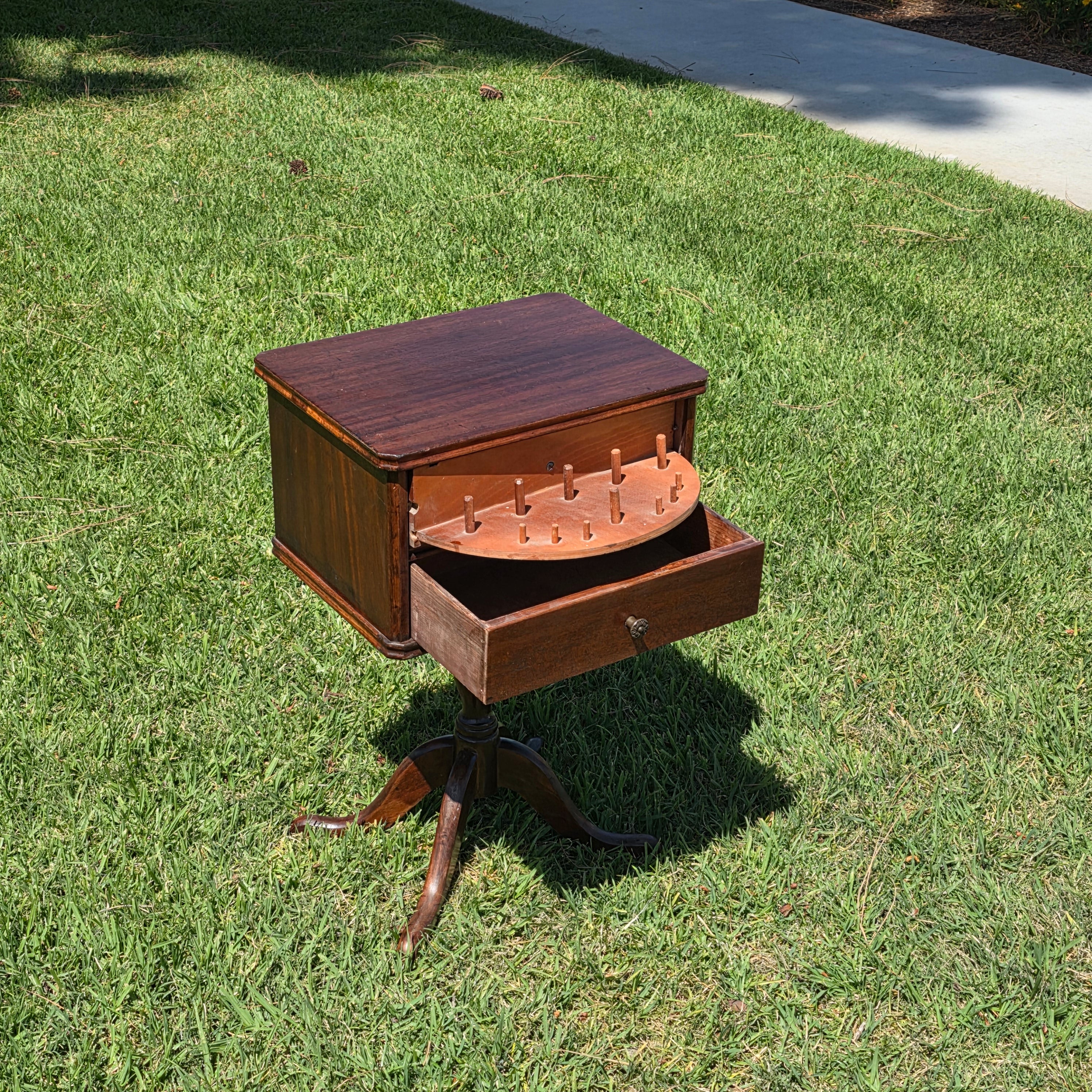 Vintage Duncan Phyfe Style Sewing Cabinet Side Table Mahogany Wood Spool Drawer