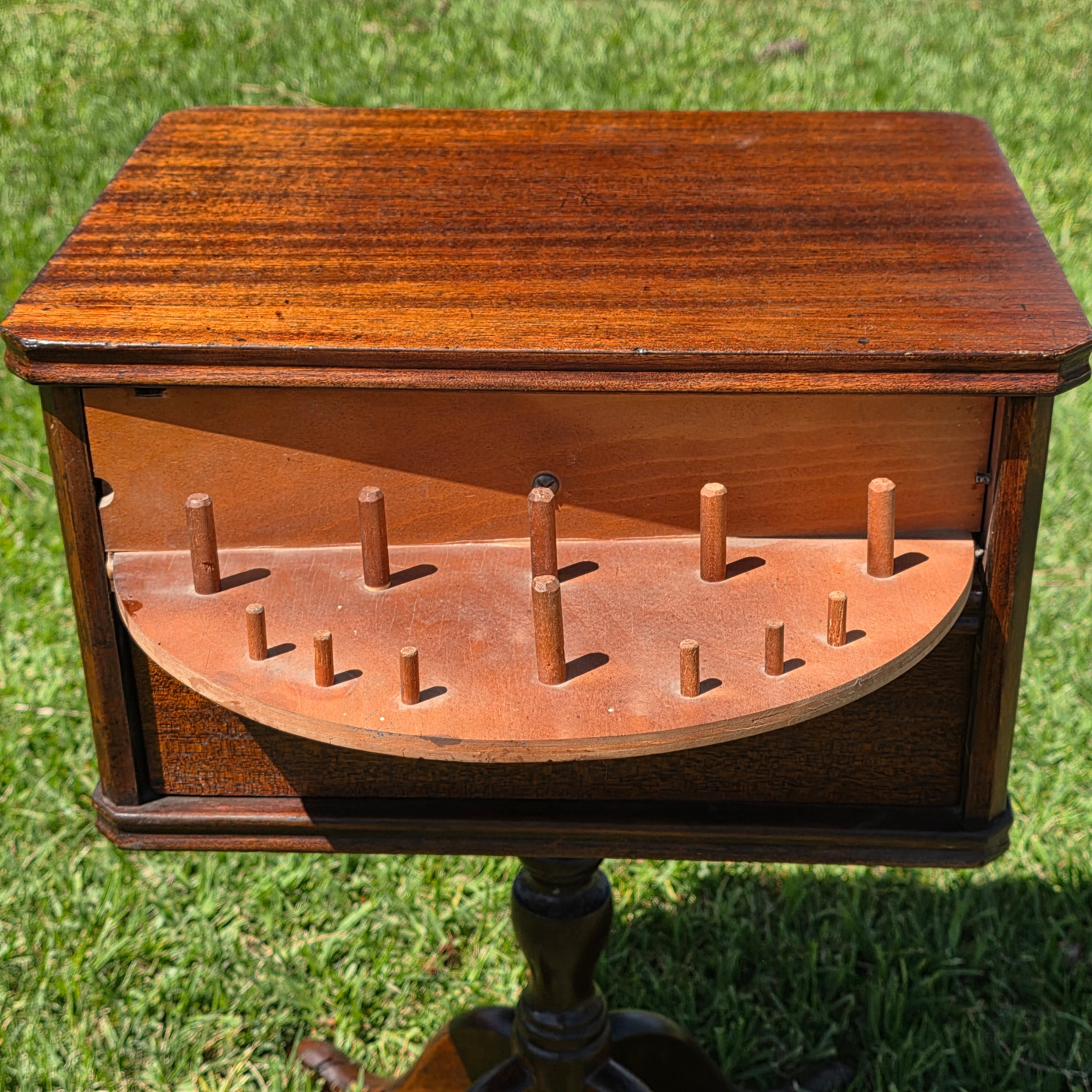 Vintage Duncan Phyfe Style Sewing Cabinet Side Table Mahogany Wood Spool Drawer