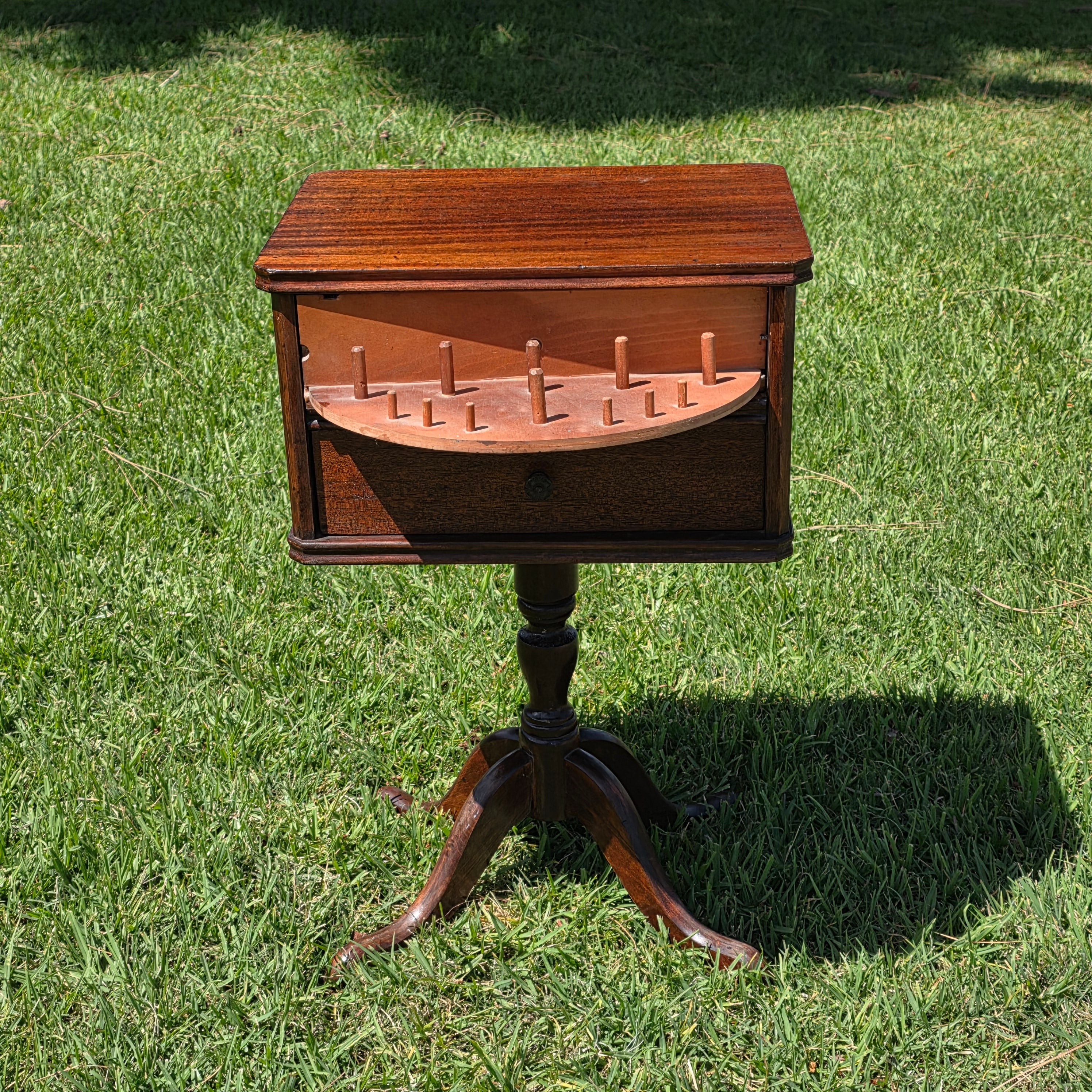 Vintage Duncan Phyfe Style Sewing Cabinet Side Table Mahogany Wood Spool Drawer