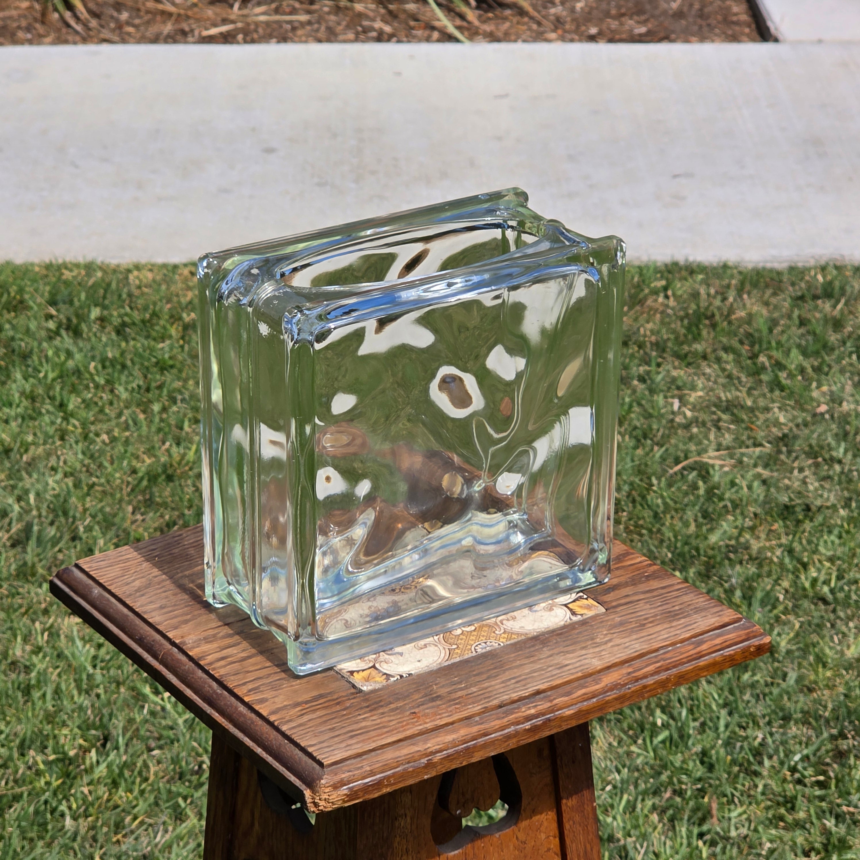 Vintage Glass Block Vase Tissue Box Holder Wavy Deco Style MCM 8x8 Clear Heavy