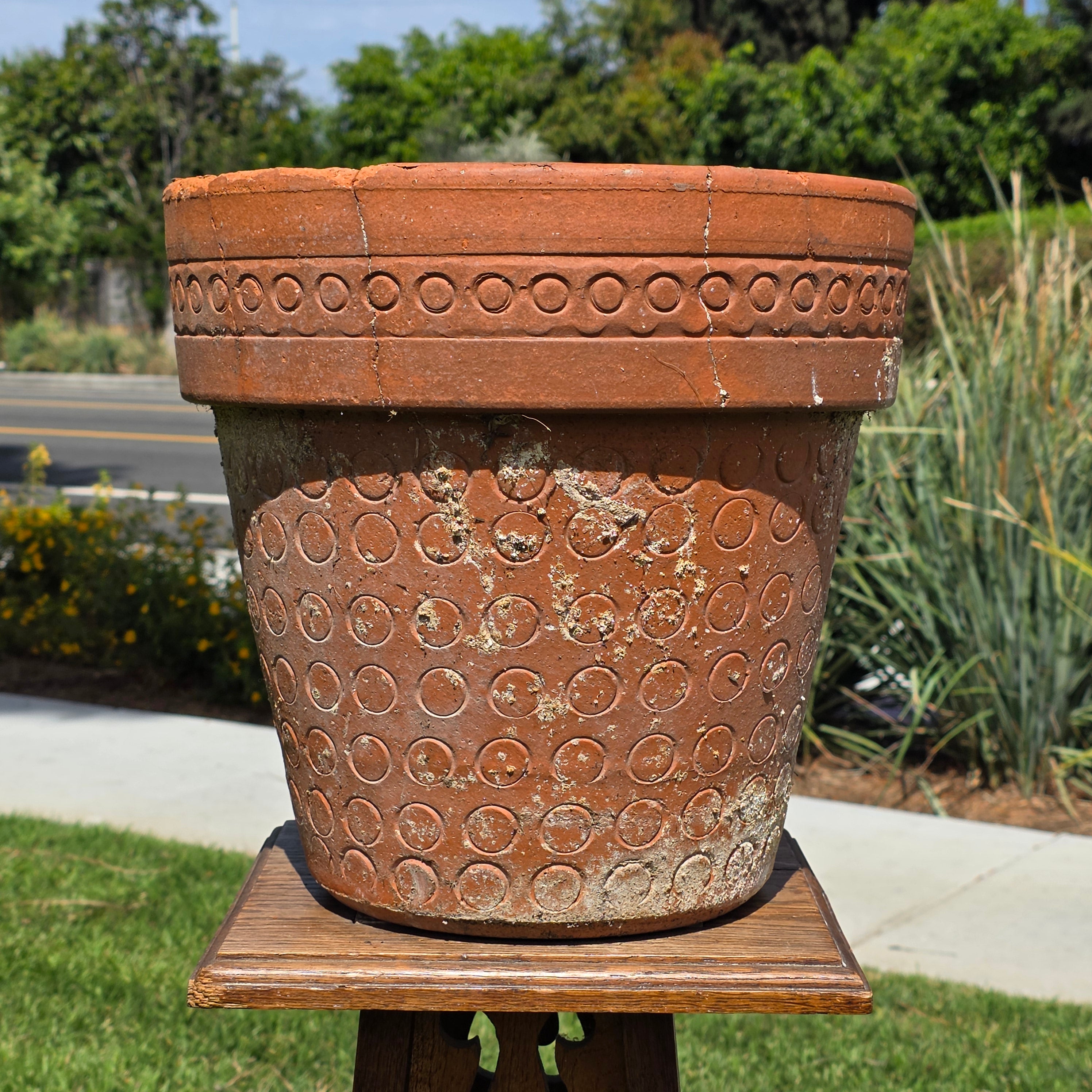 Vintage Terracotta Planter Mid Century Modern Circle Pattern Large 13" Pot Heavy