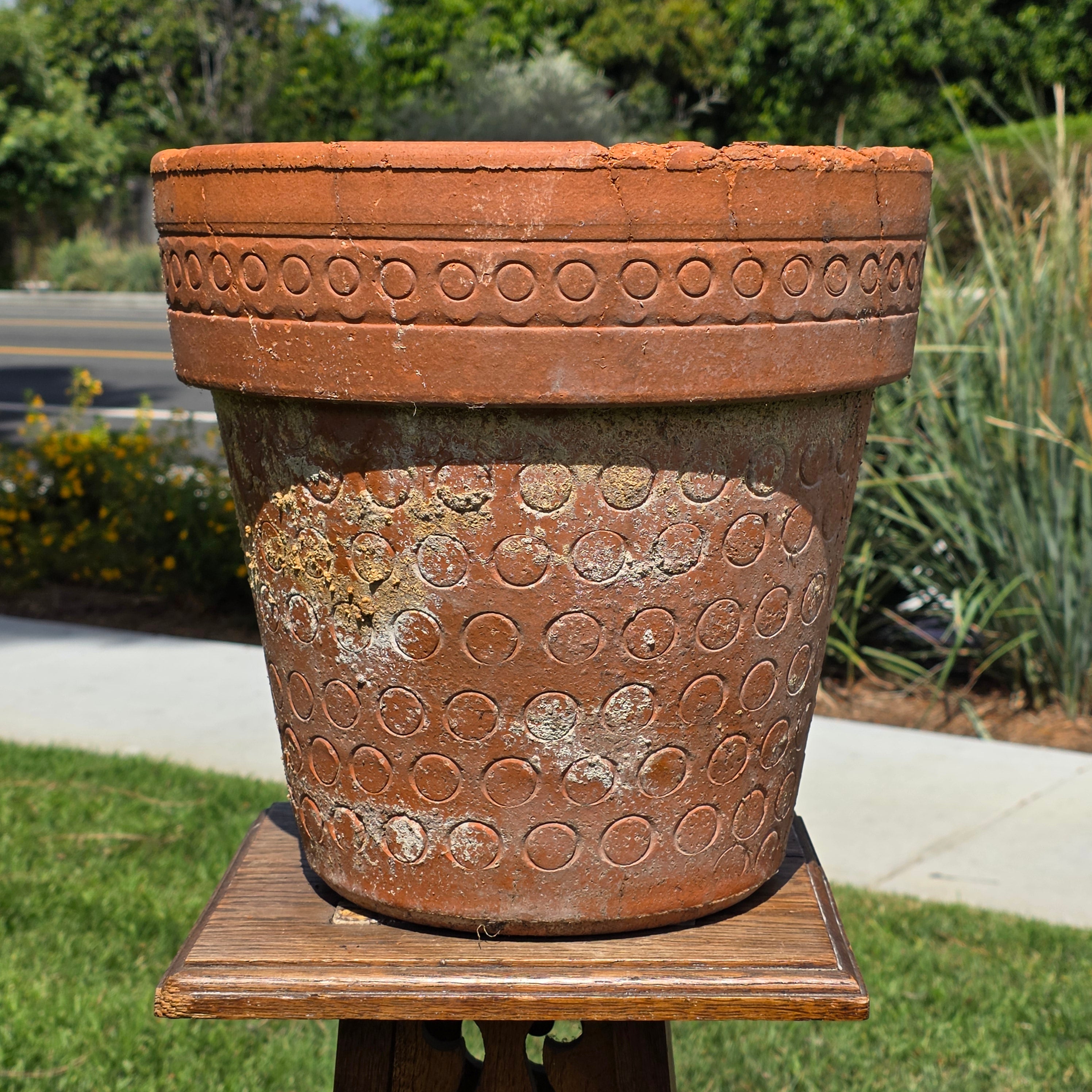 Vintage Terracotta Planter Mid Century Modern Circle Pattern Large 13" Pot Heavy
