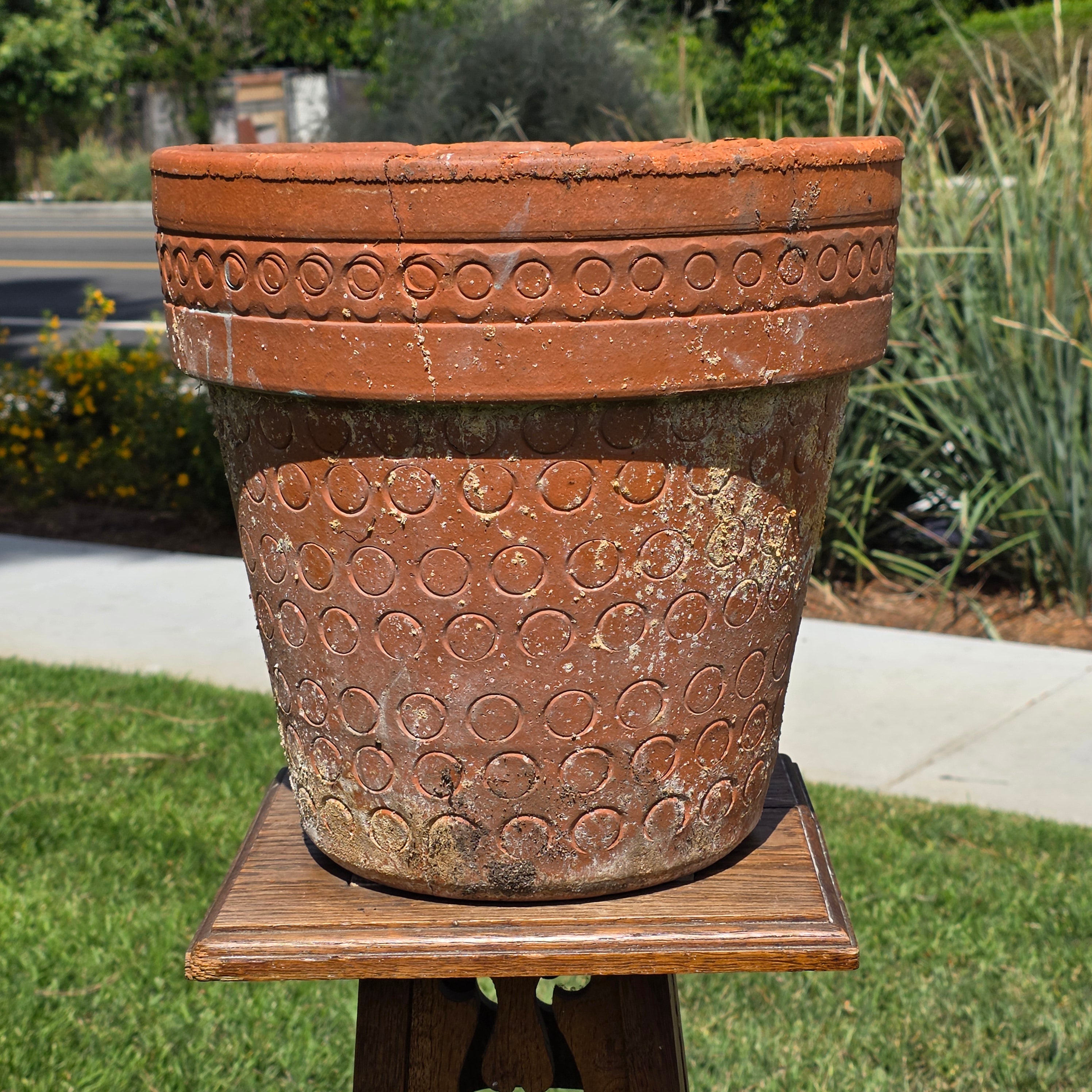 Vintage Terracotta Planter Mid Century Modern Circle Pattern Large 13" Pot Heavy