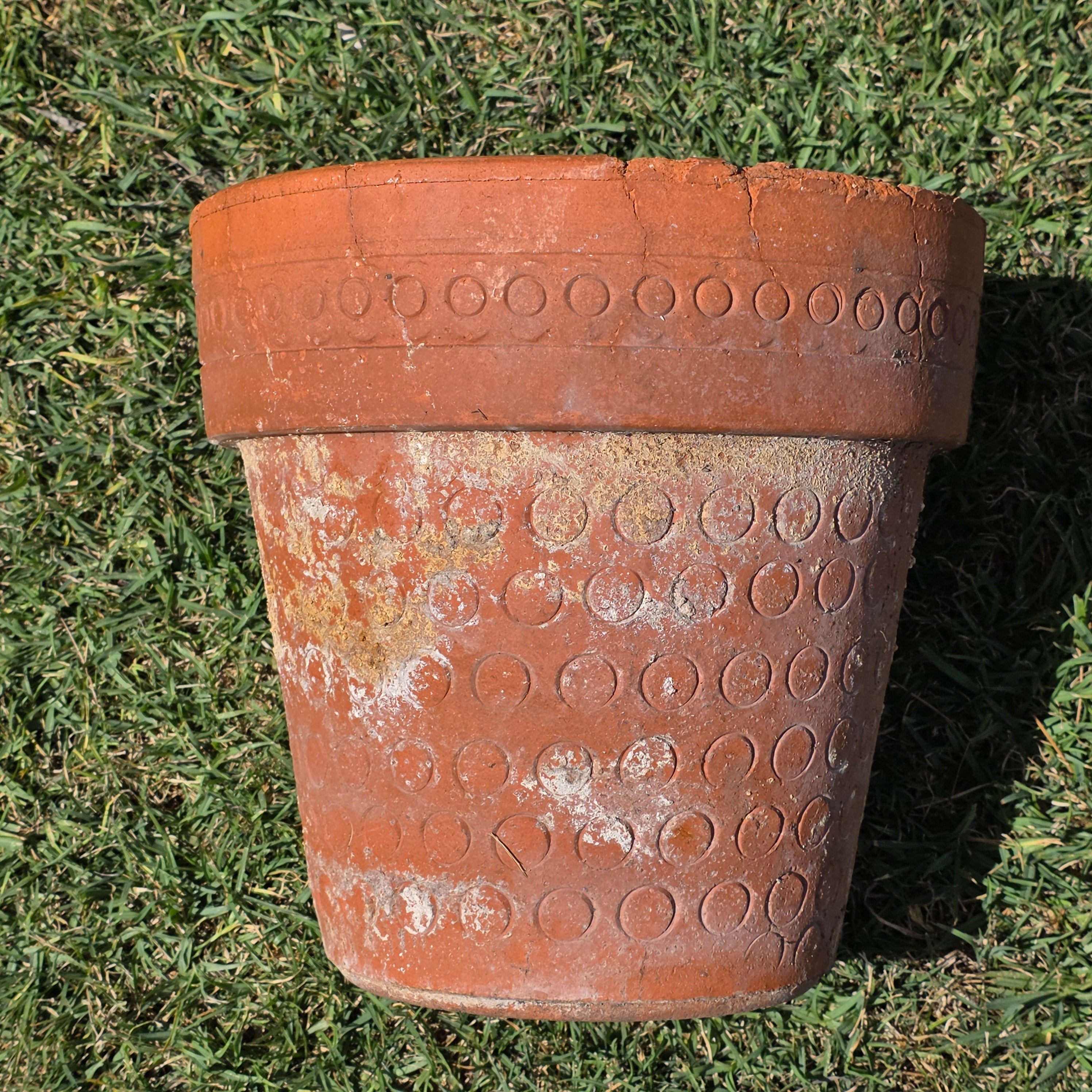 Vintage Terracotta Planter Mid Century Modern Circle Pattern Large 13" Pot Heavy