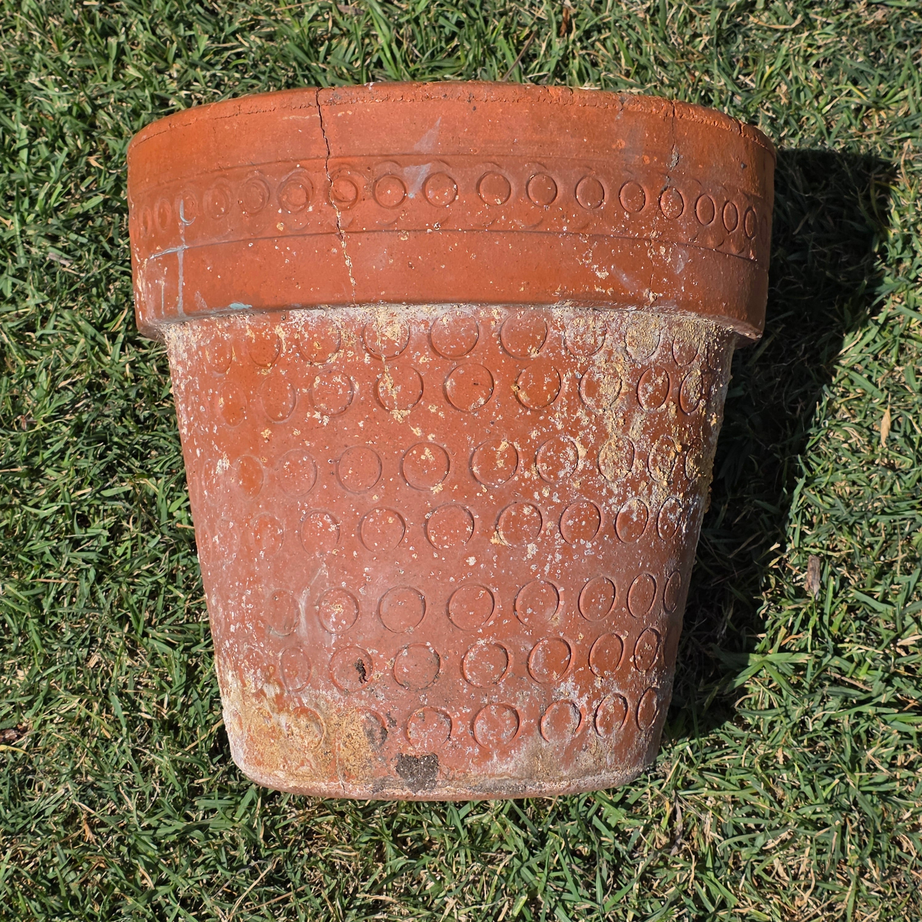 Vintage Terracotta Planter Mid Century Modern Circle Pattern Large 13" Pot Heavy