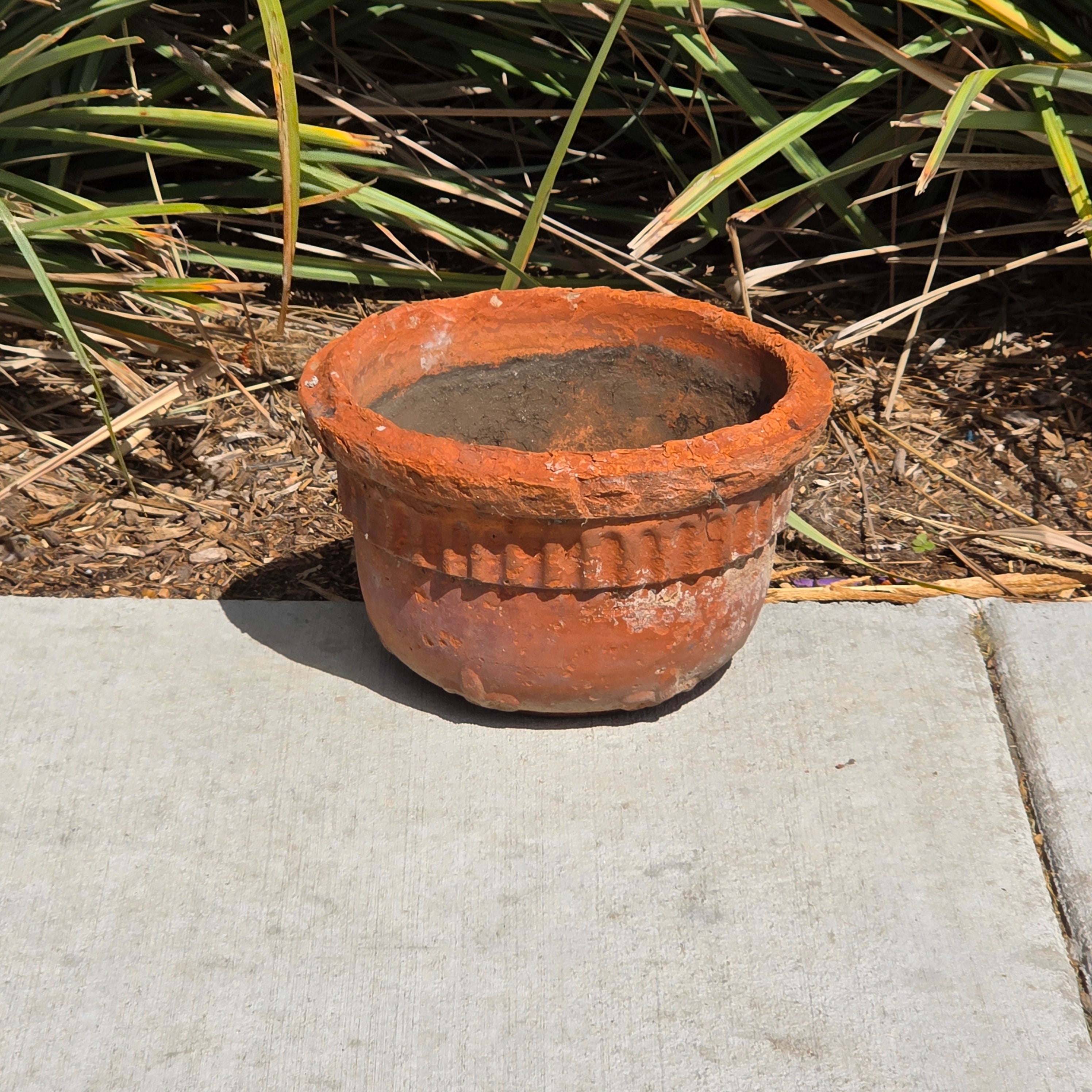 Vintage Terracotta Hanging Planter Fluted Fleur de Lis Relief Aged 10" Garden