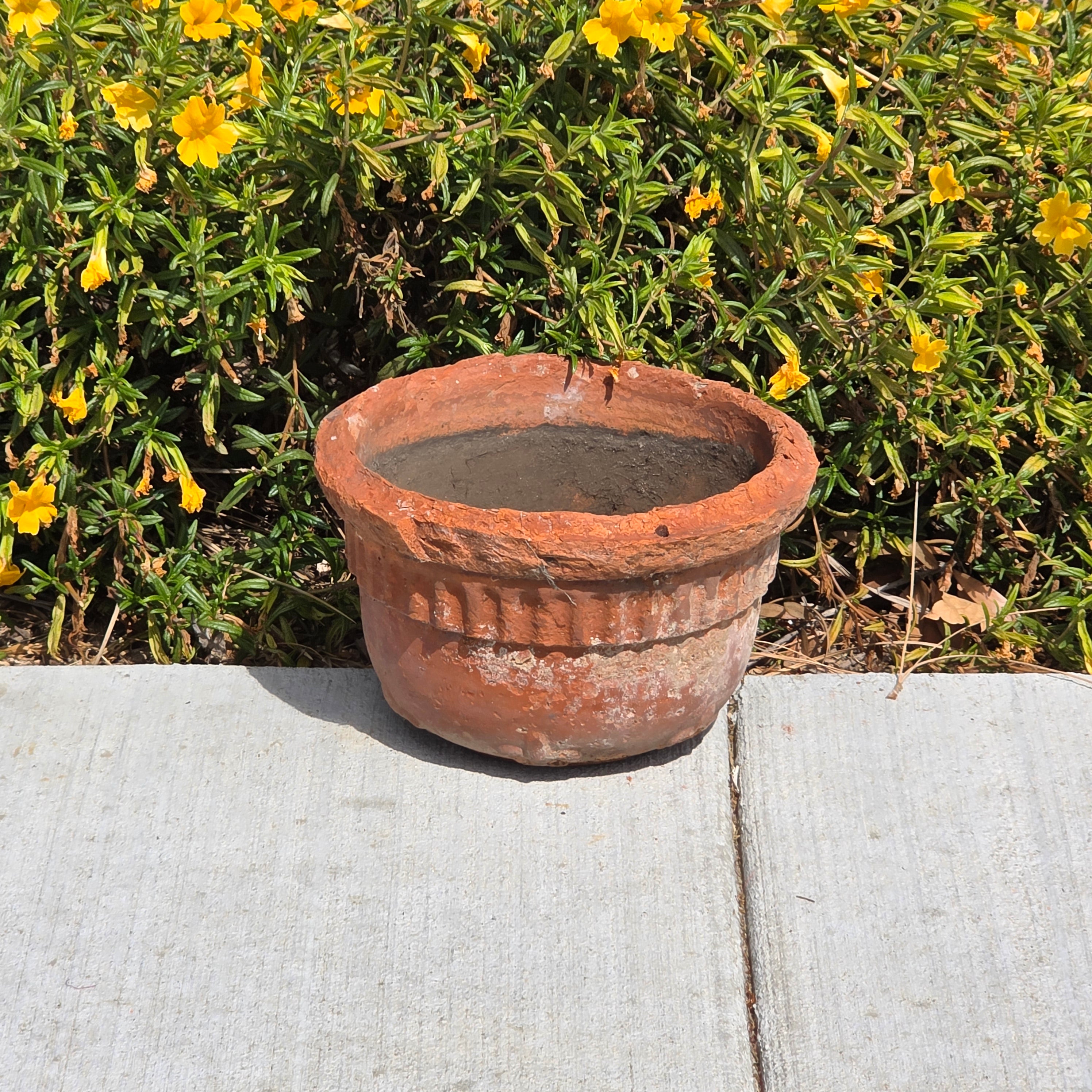 Vintage Terracotta Hanging Planter Fluted Fleur de Lis Relief Aged 10" Garden