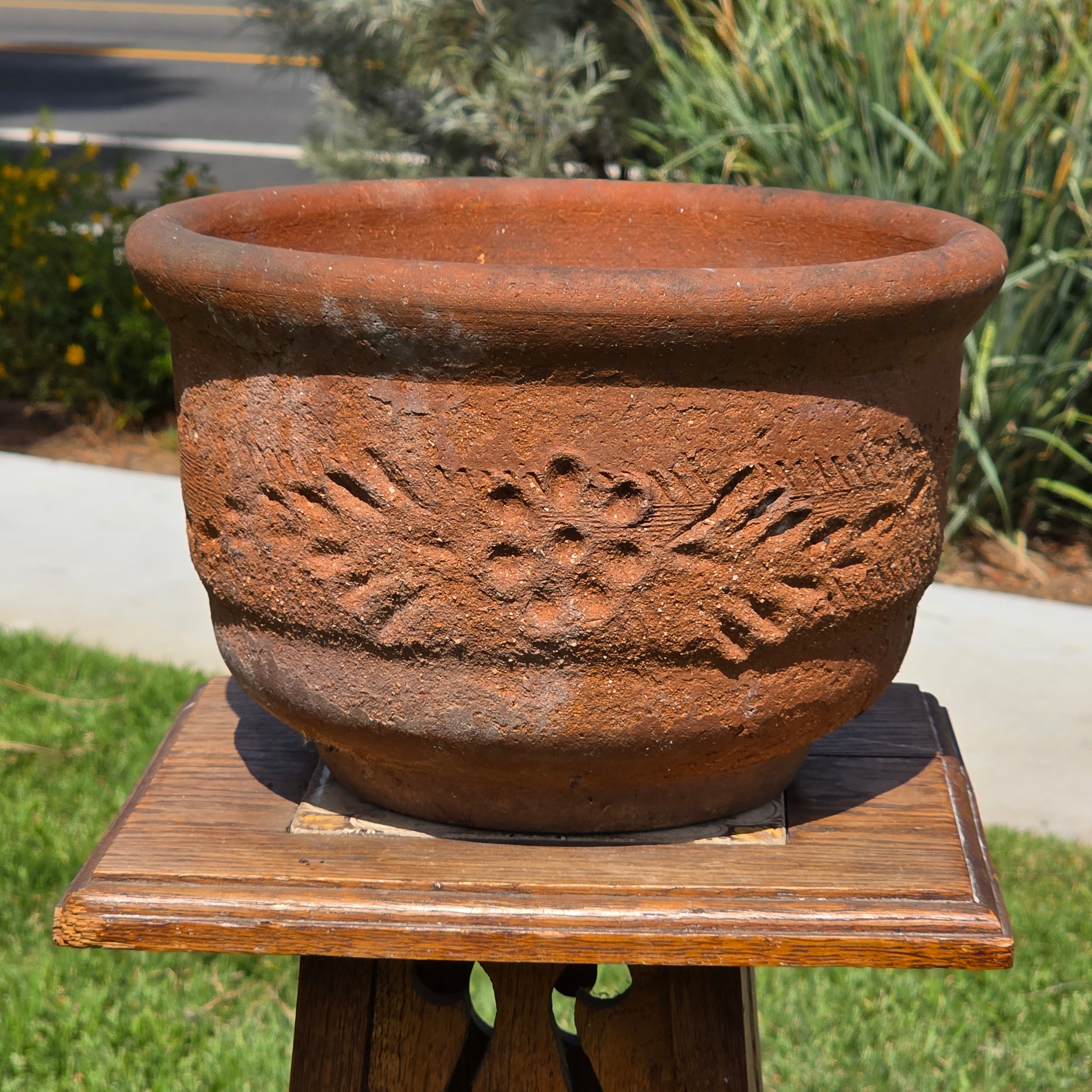 Vintage Terracotta Planter Hand Carved Floral Fern Pattern 11" Large Heavy Pot