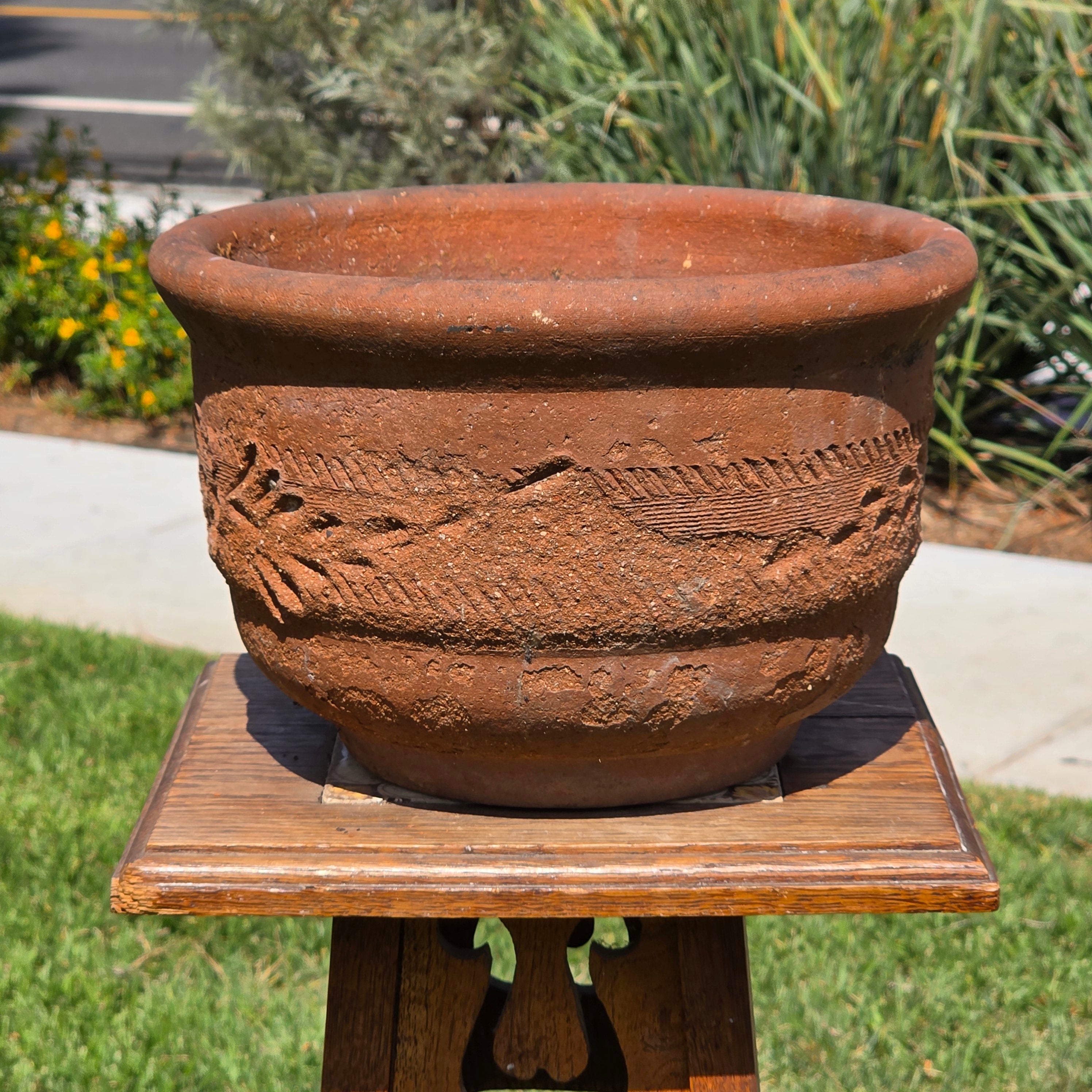 Vintage Terracotta Planter Hand Carved Floral Fern Pattern 11" Large Heavy Pot
