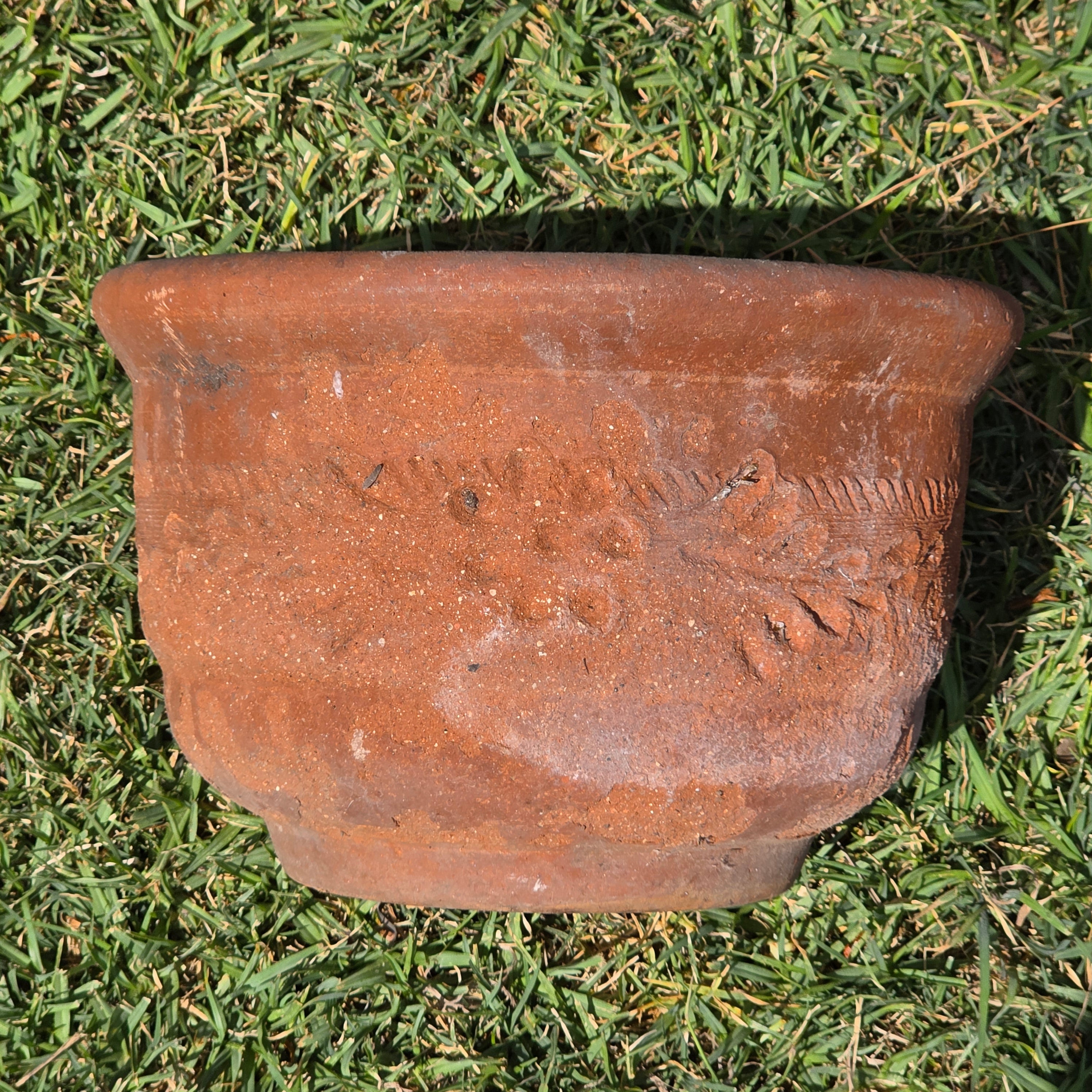 Vintage Terracotta Planter Hand Carved Floral Fern Pattern 11" Large Heavy Pot