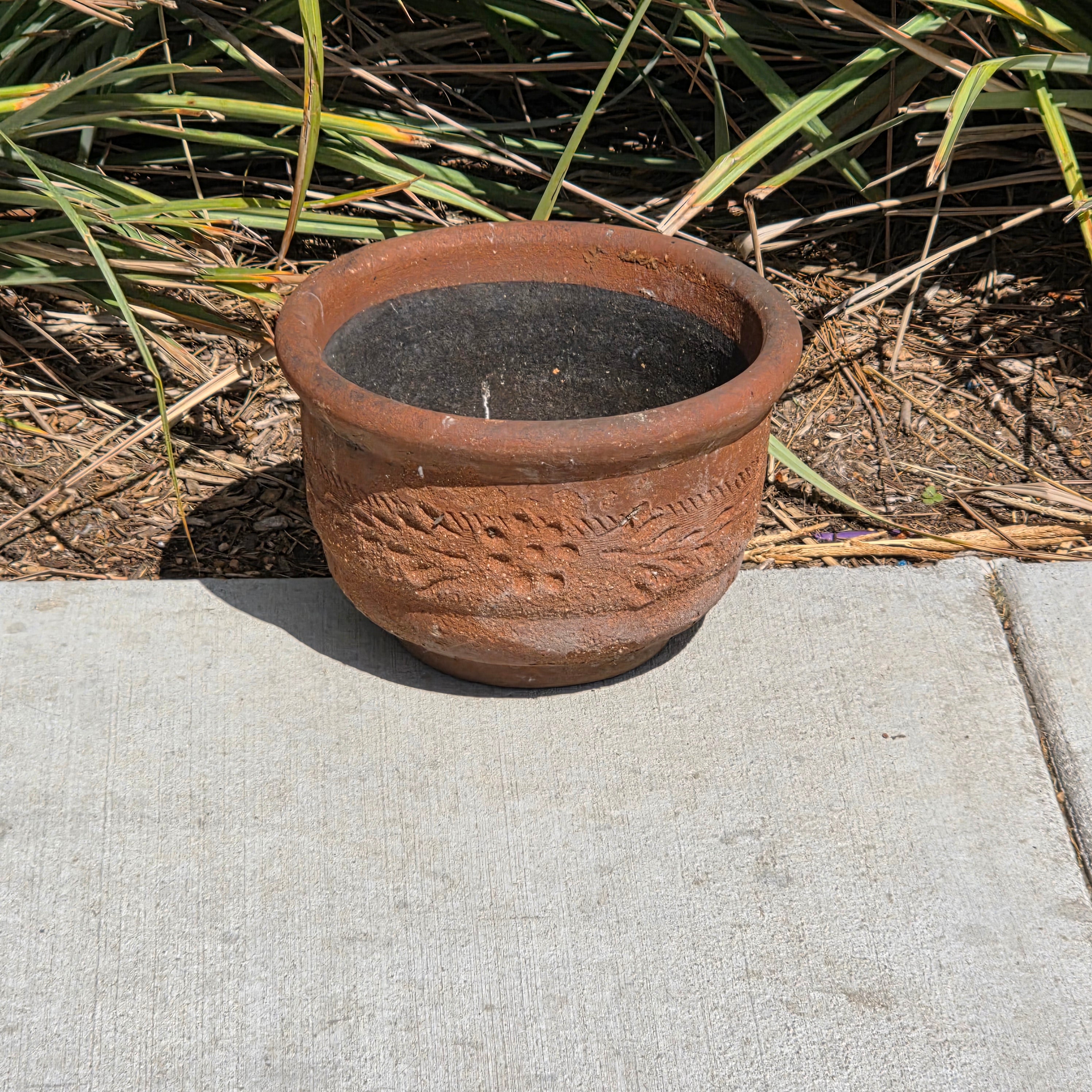 Vintage Terracotta Planter Hand Carved Floral Fern Pattern 11" Large Heavy Pot