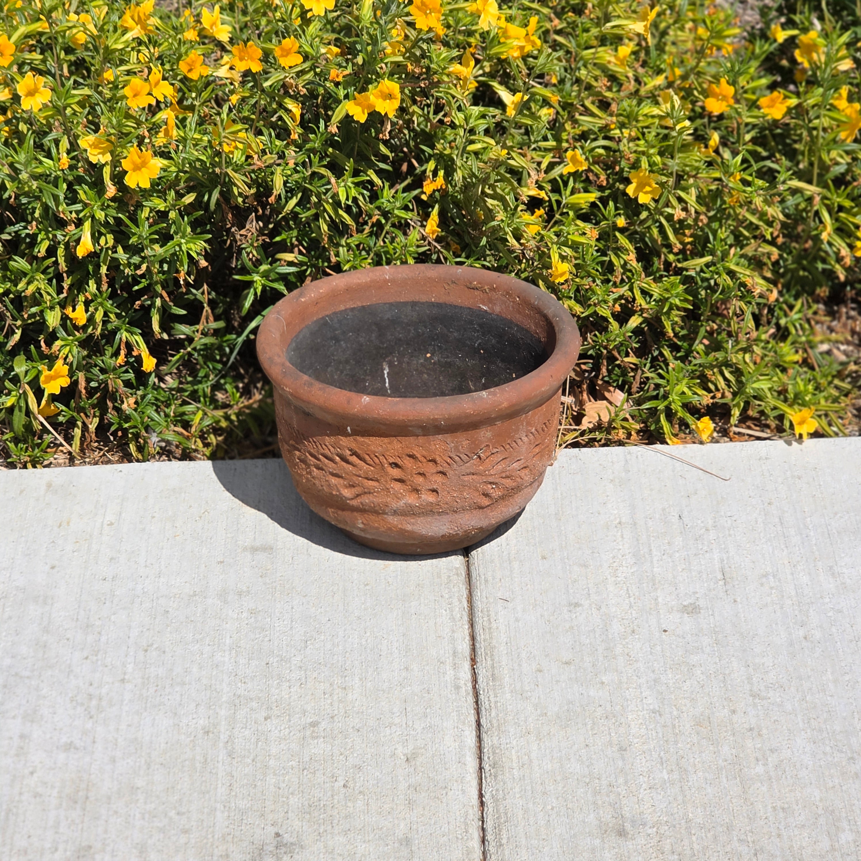 Vintage Terracotta Planter Hand Carved Floral Fern Pattern 11" Large Heavy Pot