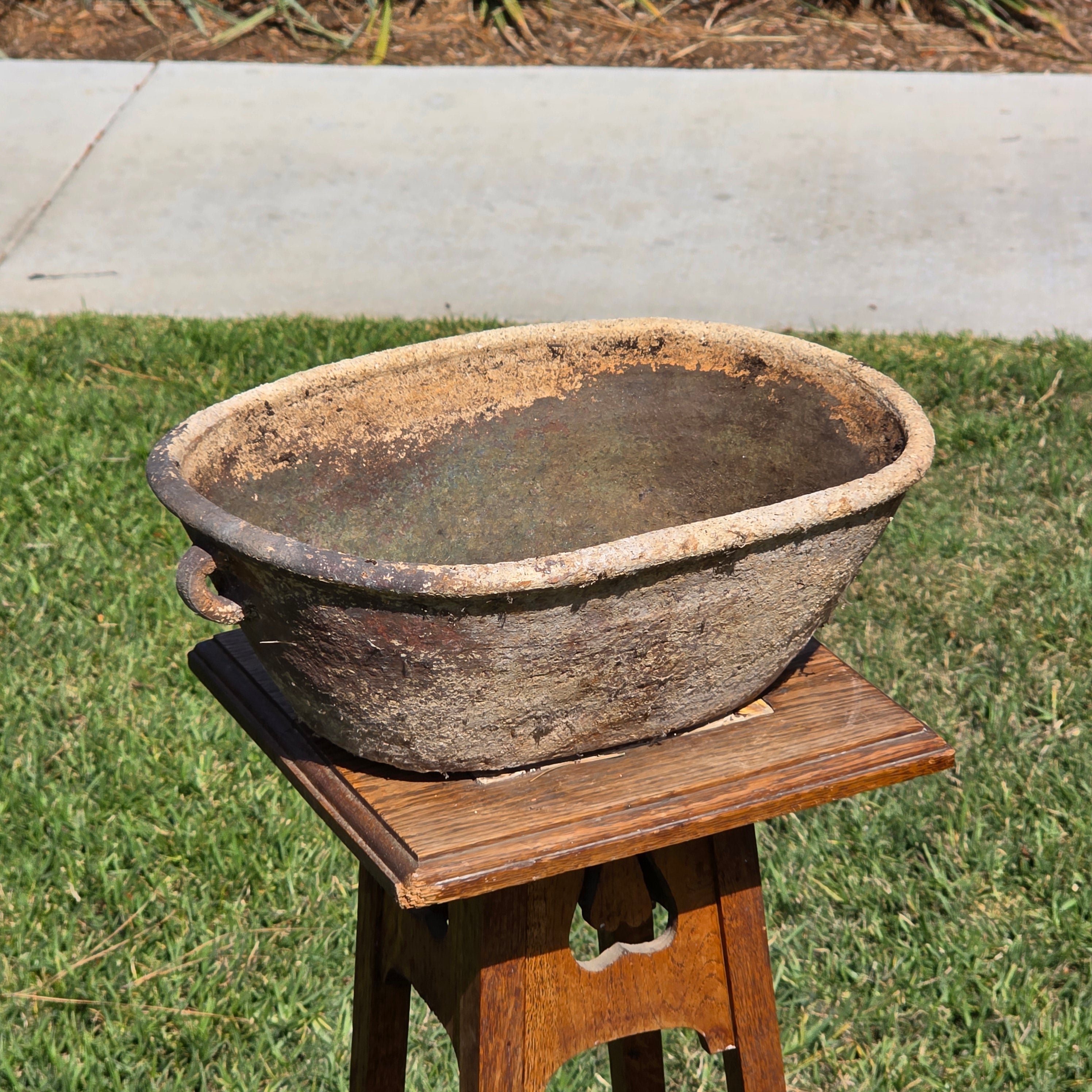 Vintage Primitive Terracotta Planter Oval Bowl Handle Wabi Sabi Organic Pot