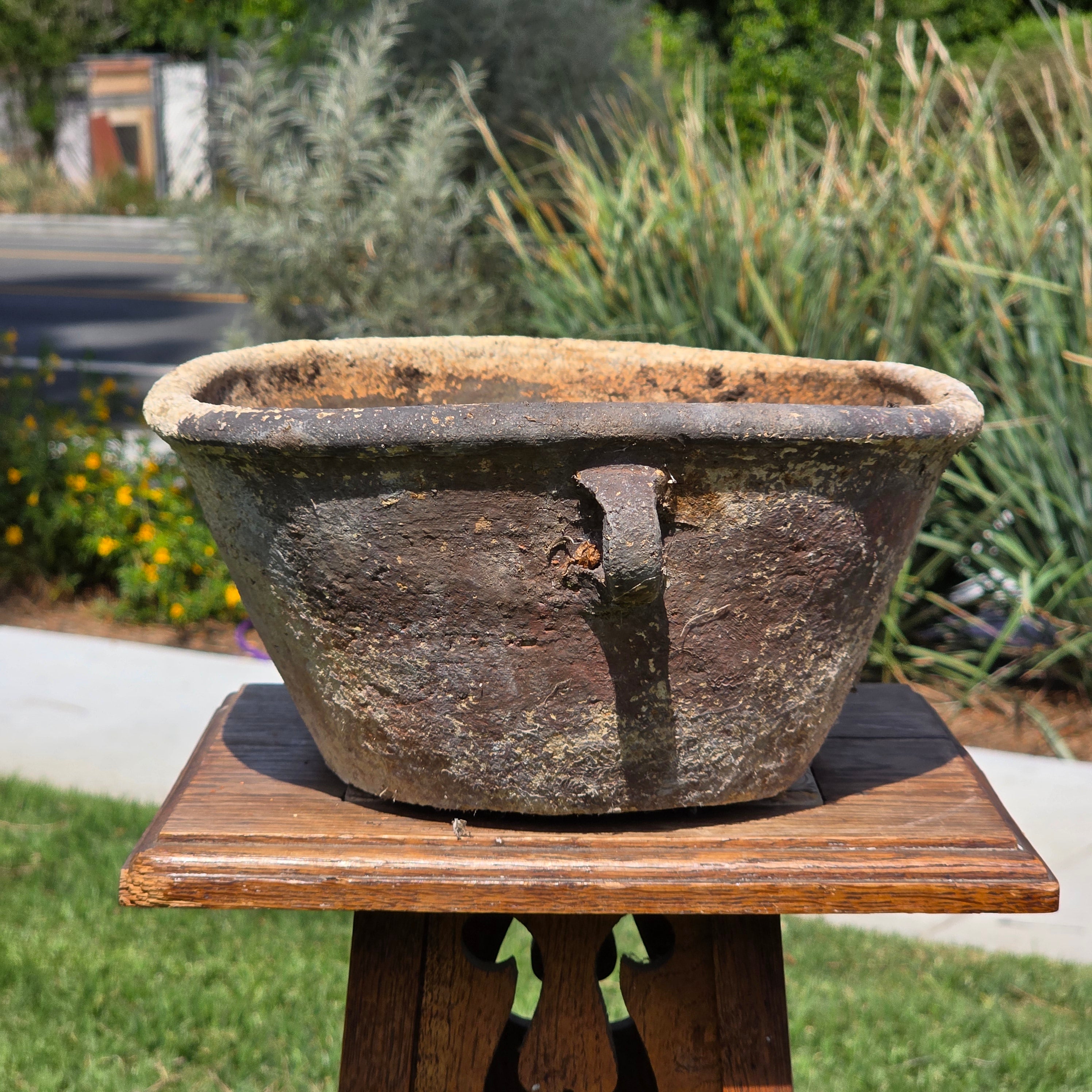 Vintage Primitive Terracotta Planter Oval Bowl Handle Wabi Sabi Organic Pot