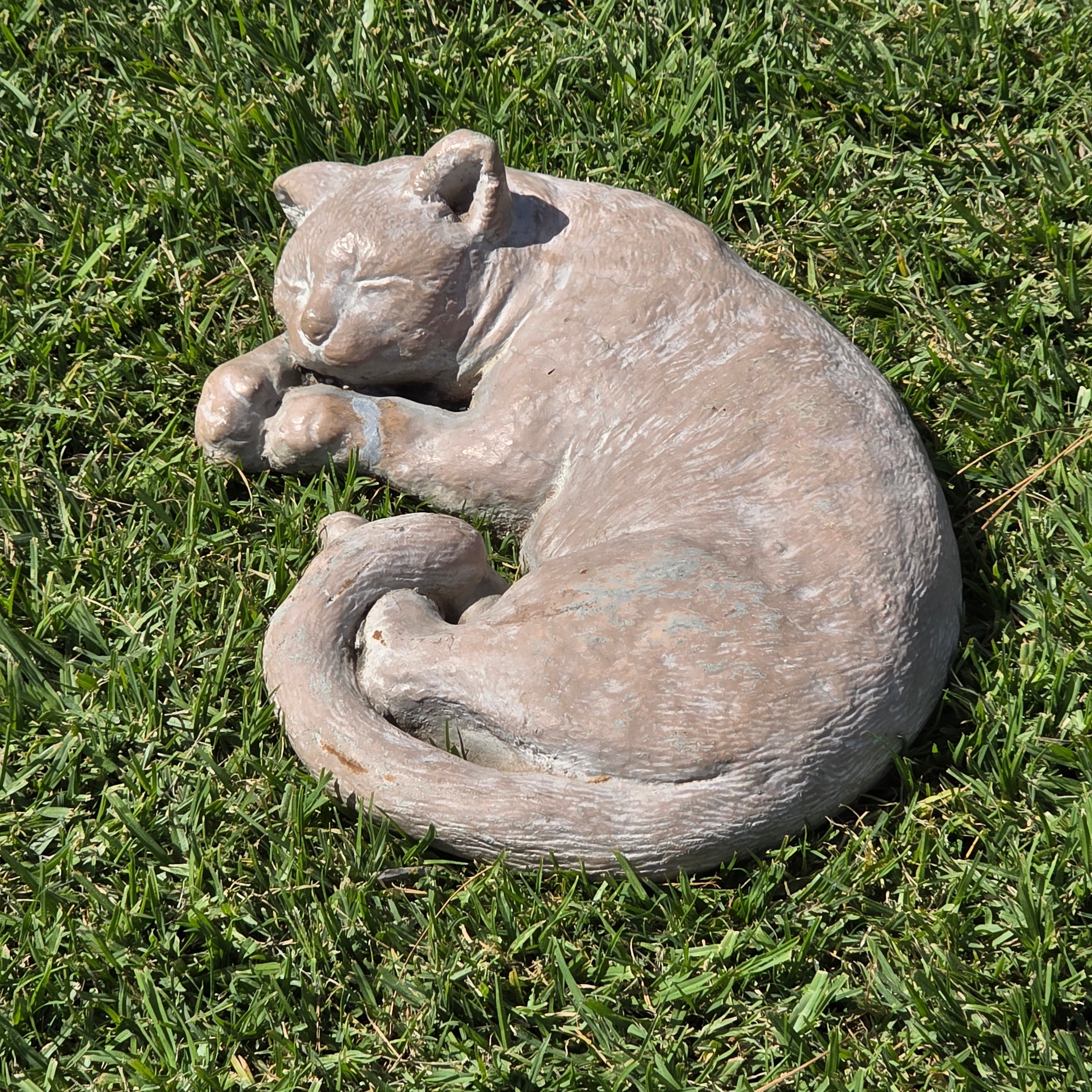 Vintage Sleeping Cat Garden Statue Heavy Concrete Cast Stone Pet Memorial 16"