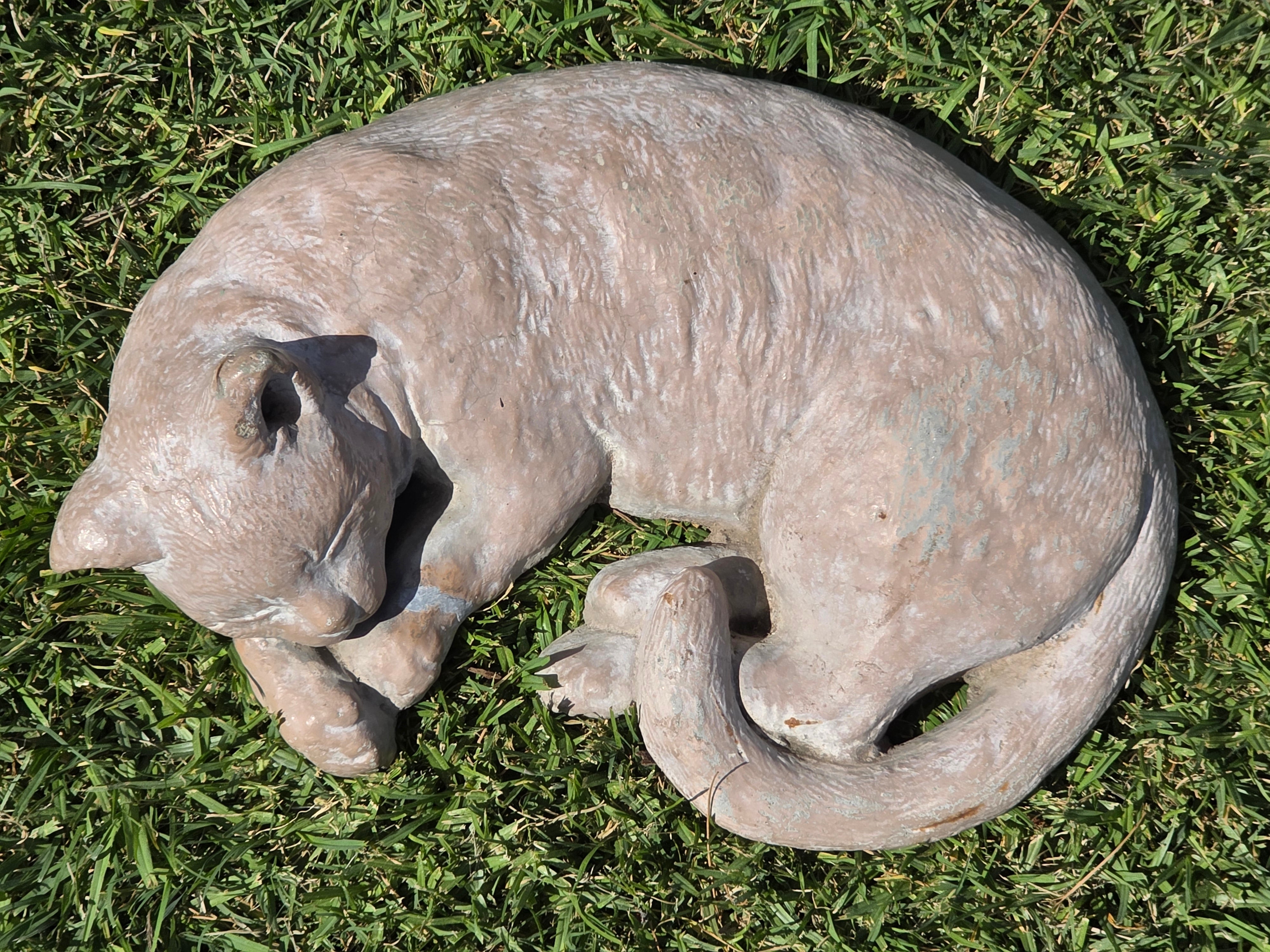 Vintage Sleeping Cat Garden Statue Heavy Concrete Cast Stone Pet Memorial 16"