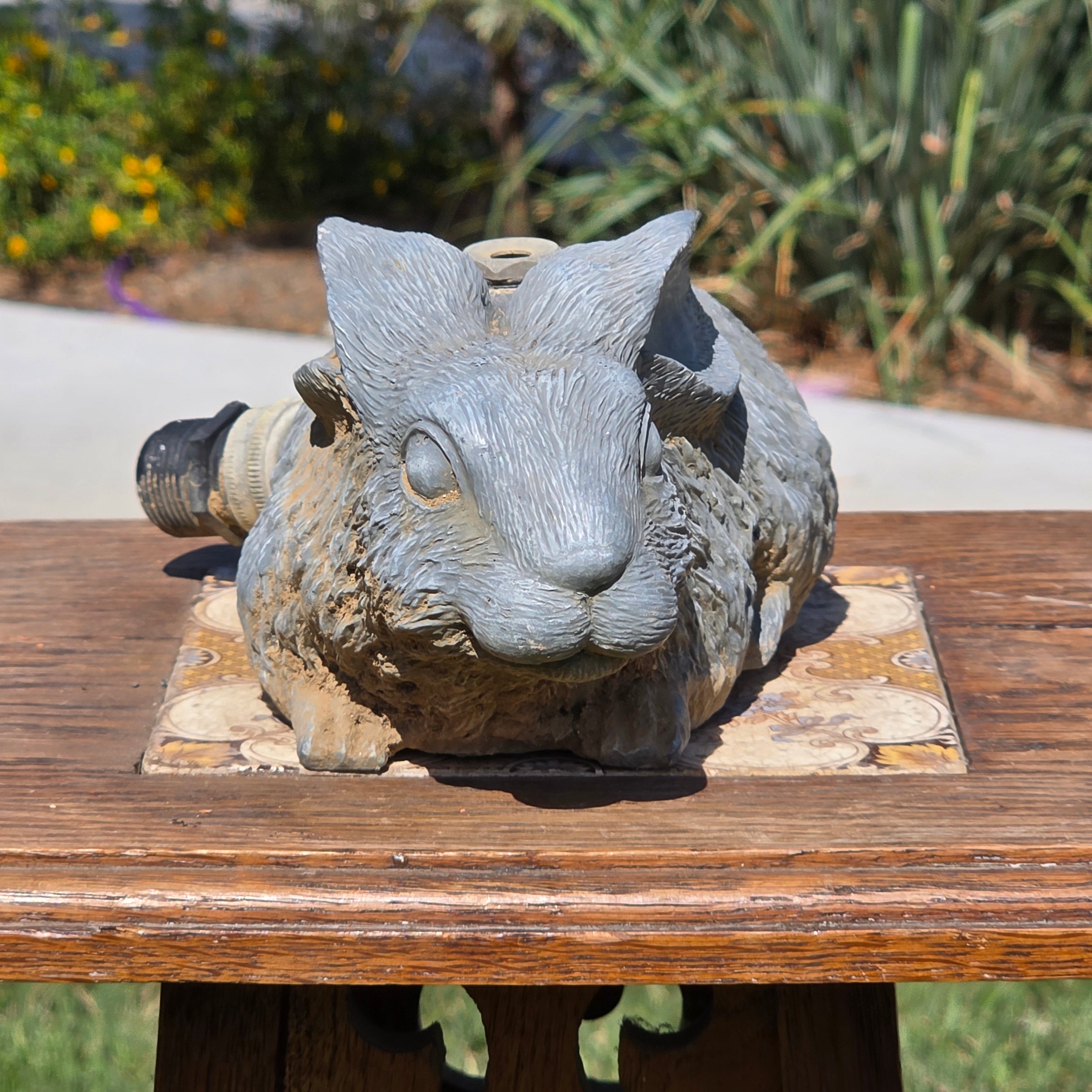 Vintage Rabbit Garden Sprinkler Pale Blue Resin Bunny Fountain Spitter Works