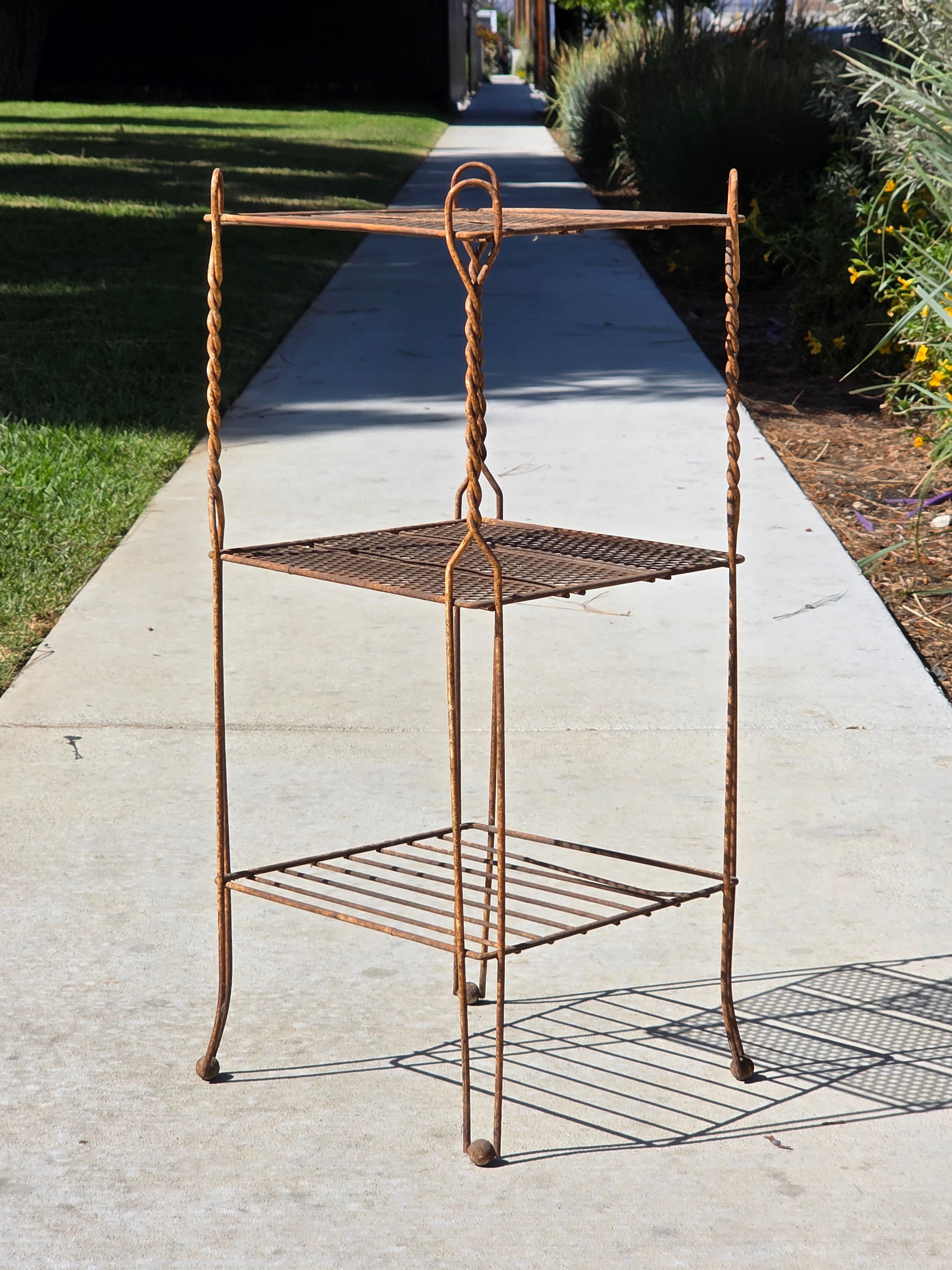 Vintage Wrought Iron Plant Stand 3 Tier Shabby Chic Rusty Shelf French Style