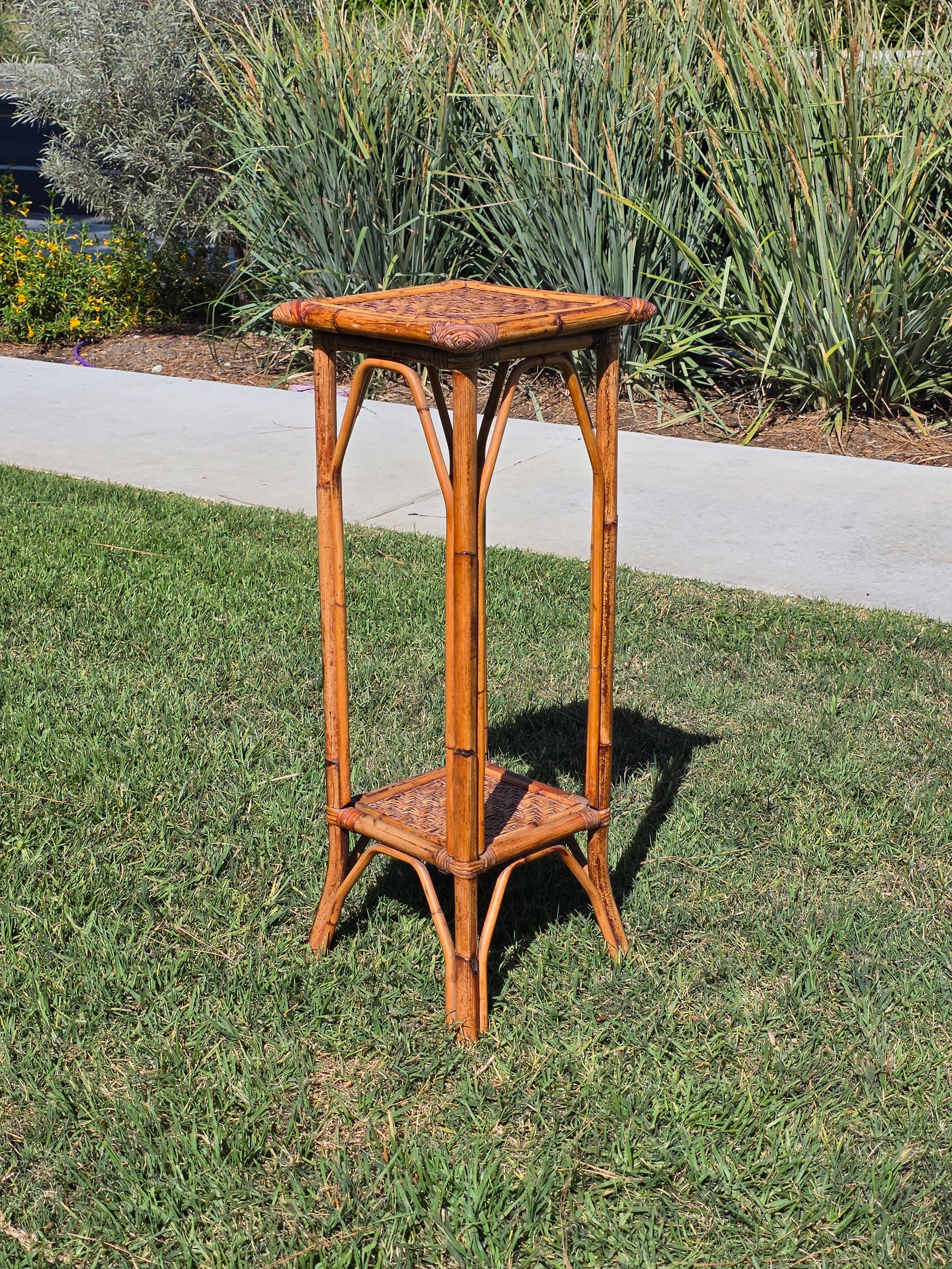 Vintage Bamboo Rattan Plant Stand 2 Tier Boho Wicker Flower Pot Holder Tiki