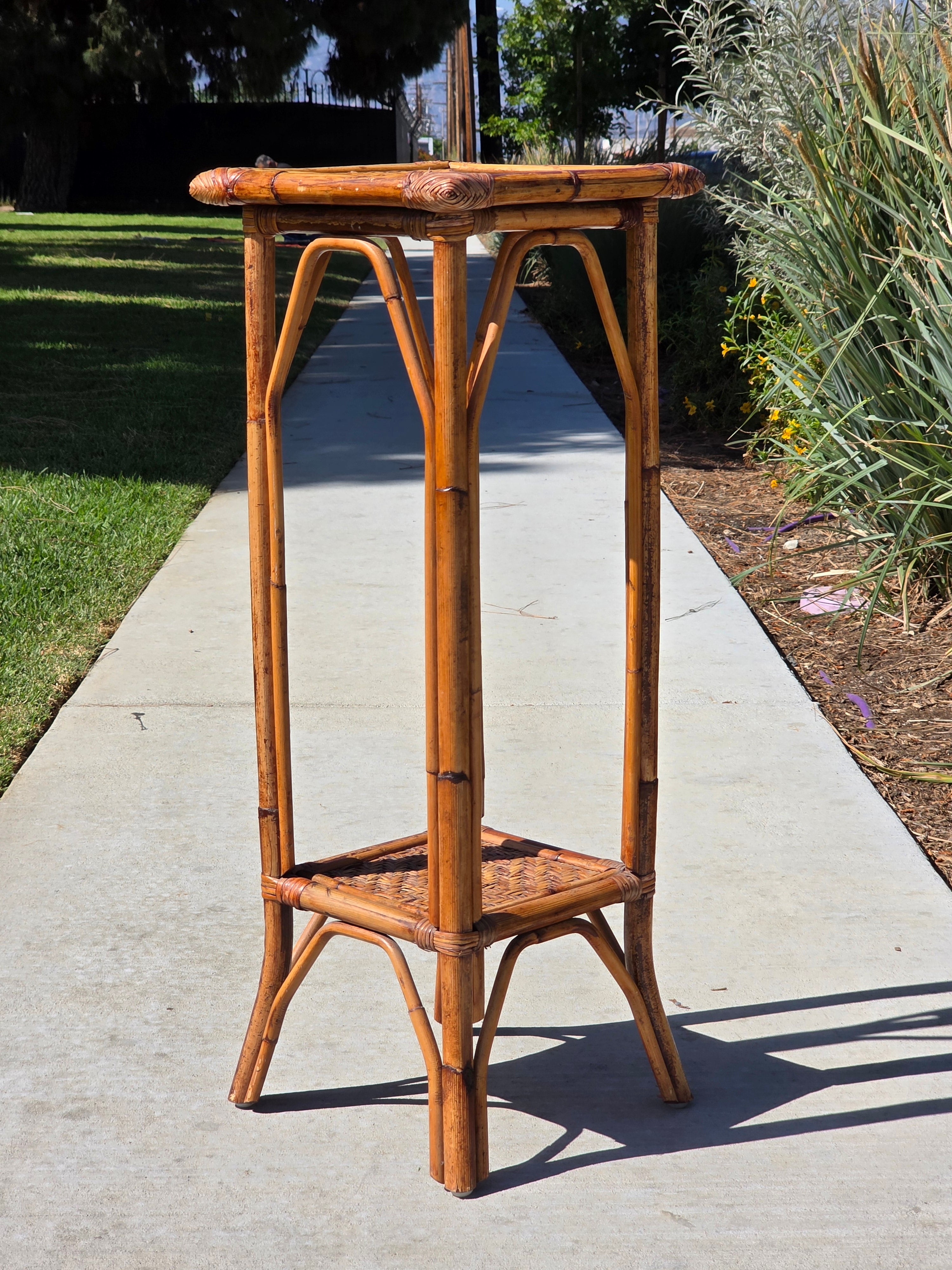 Vintage Bamboo Rattan Plant Stand 2 Tier Boho Wicker Flower Pot Holder Tiki