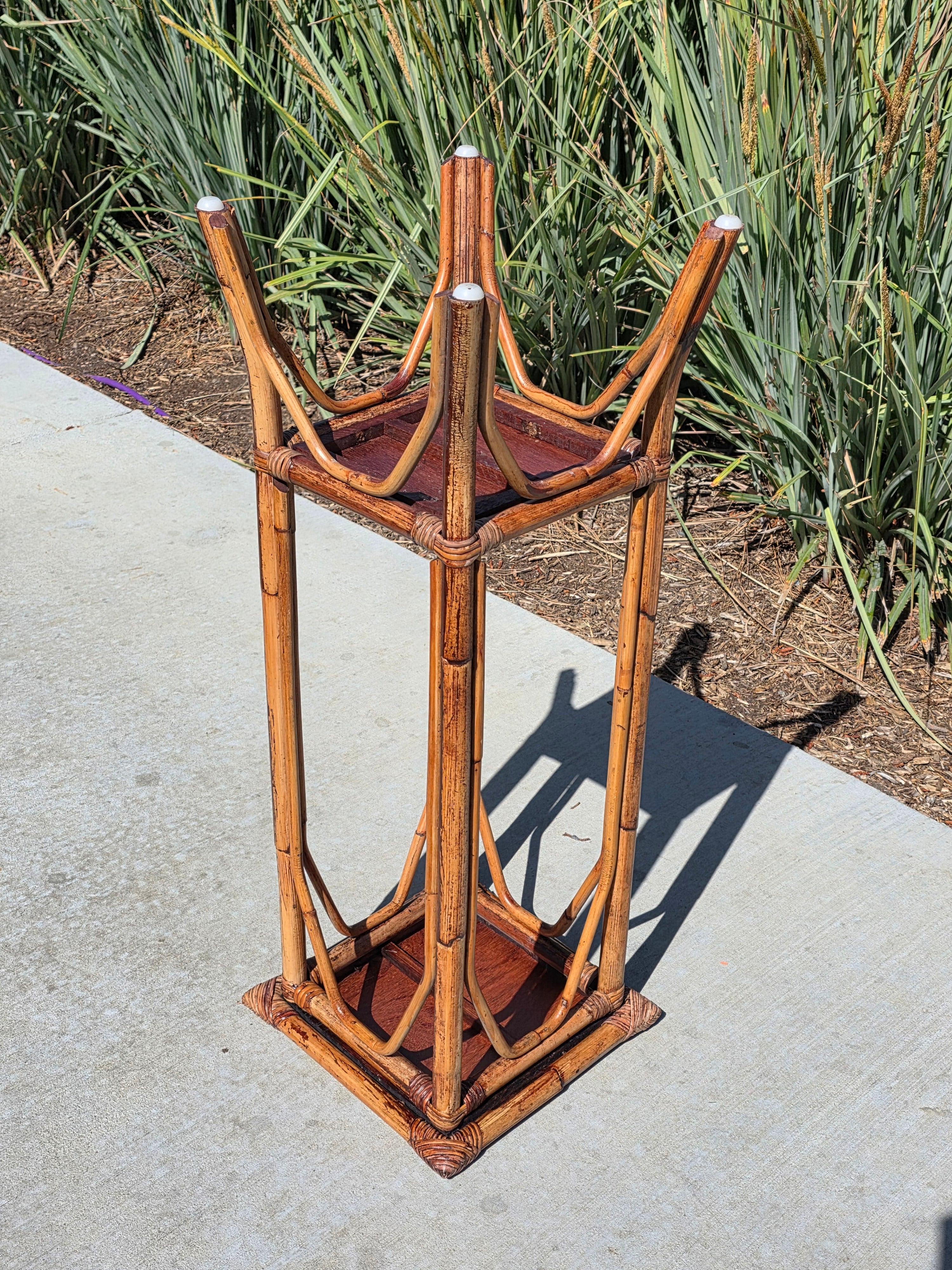 Vintage Bamboo Rattan Plant Stand 2 Tier Boho Wicker Flower Pot Holder Tiki