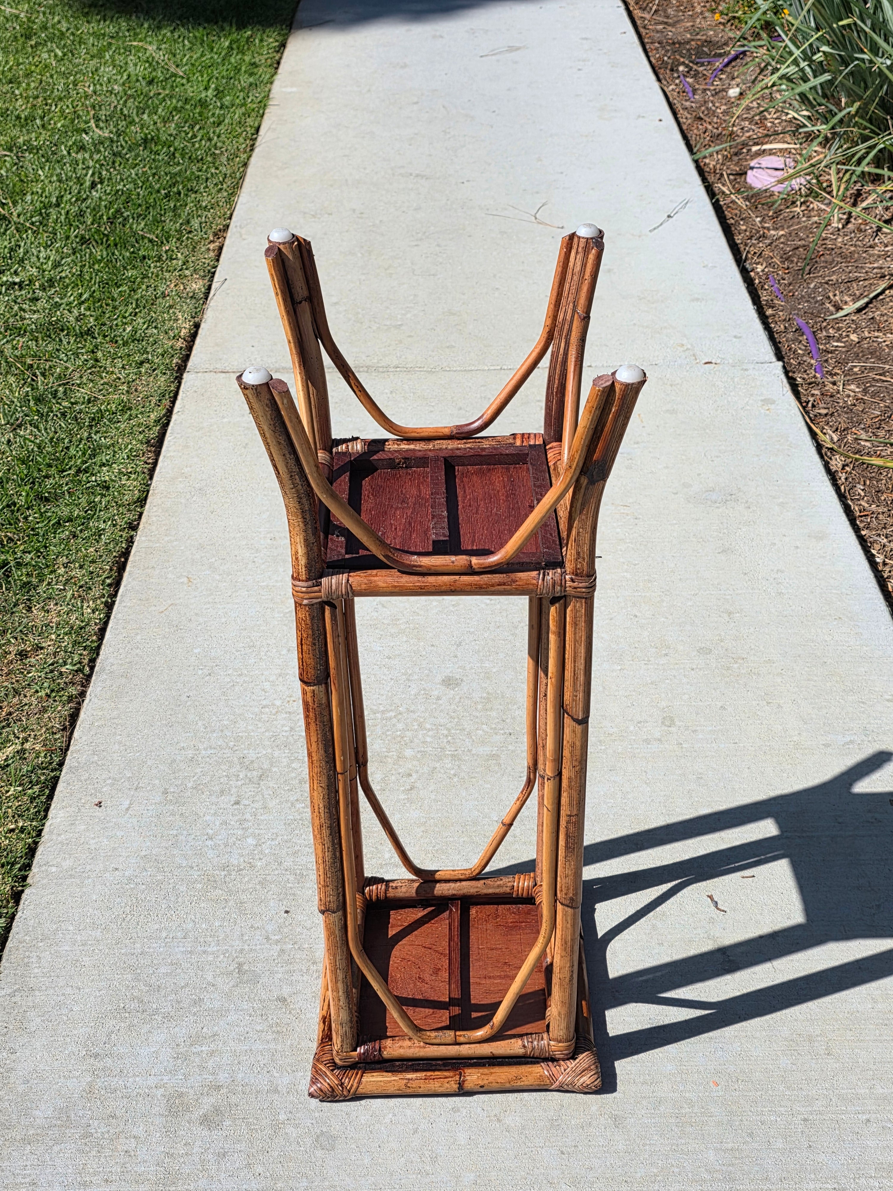 Vintage Bamboo Rattan Plant Stand 2 Tier Boho Wicker Flower Pot Holder Tiki