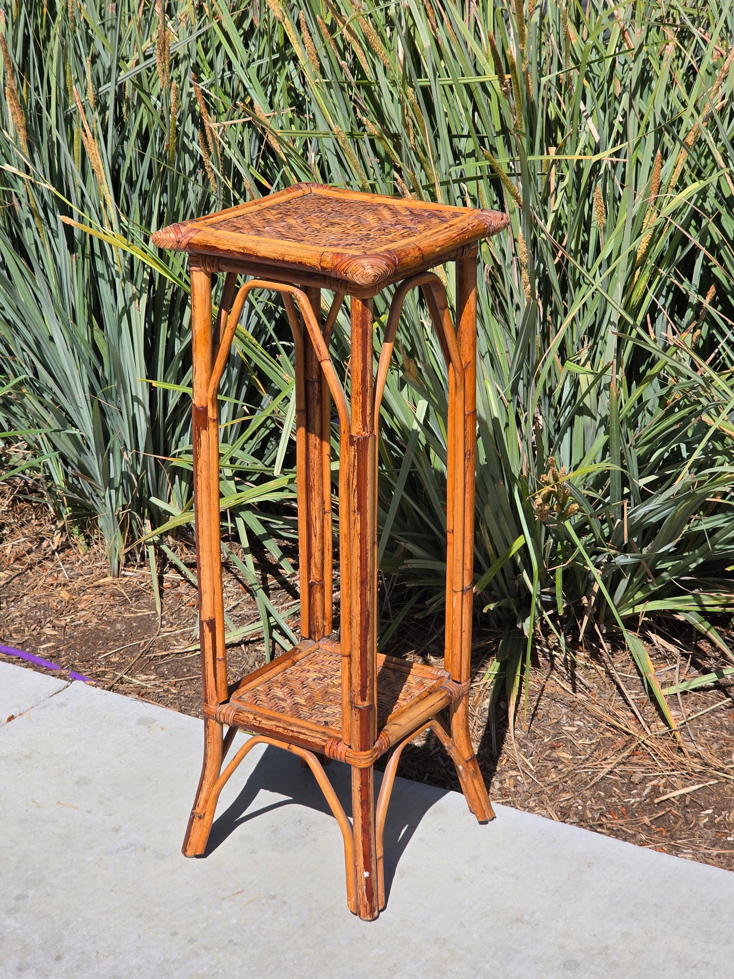 Vintage Bamboo Rattan Plant Stand 2 Tier Boho Wicker Flower Pot Holder Tiki