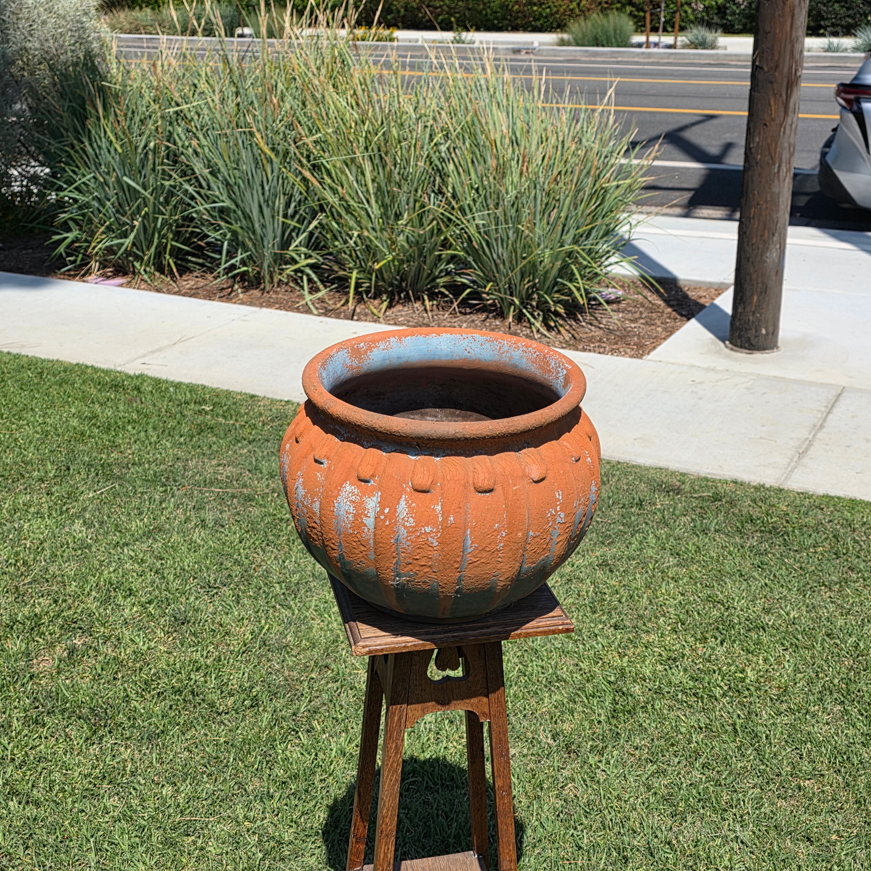 Vintage Stefani Brazil Terracotta Planter Large Ribbed Clay Pot Rustic 16"