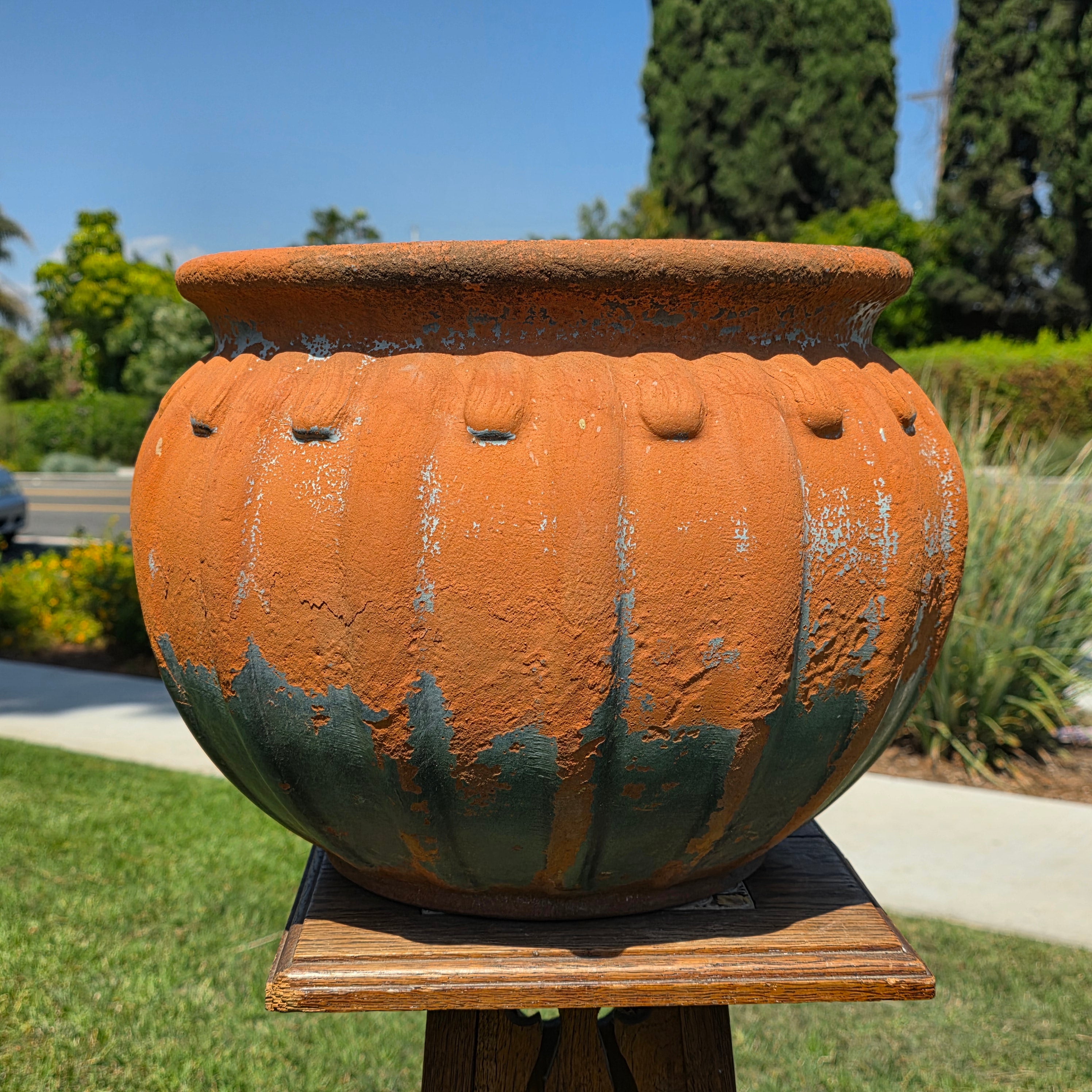 Vintage Stefani Brazil Terracotta Planter Large Ribbed Clay Pot Rustic 16"