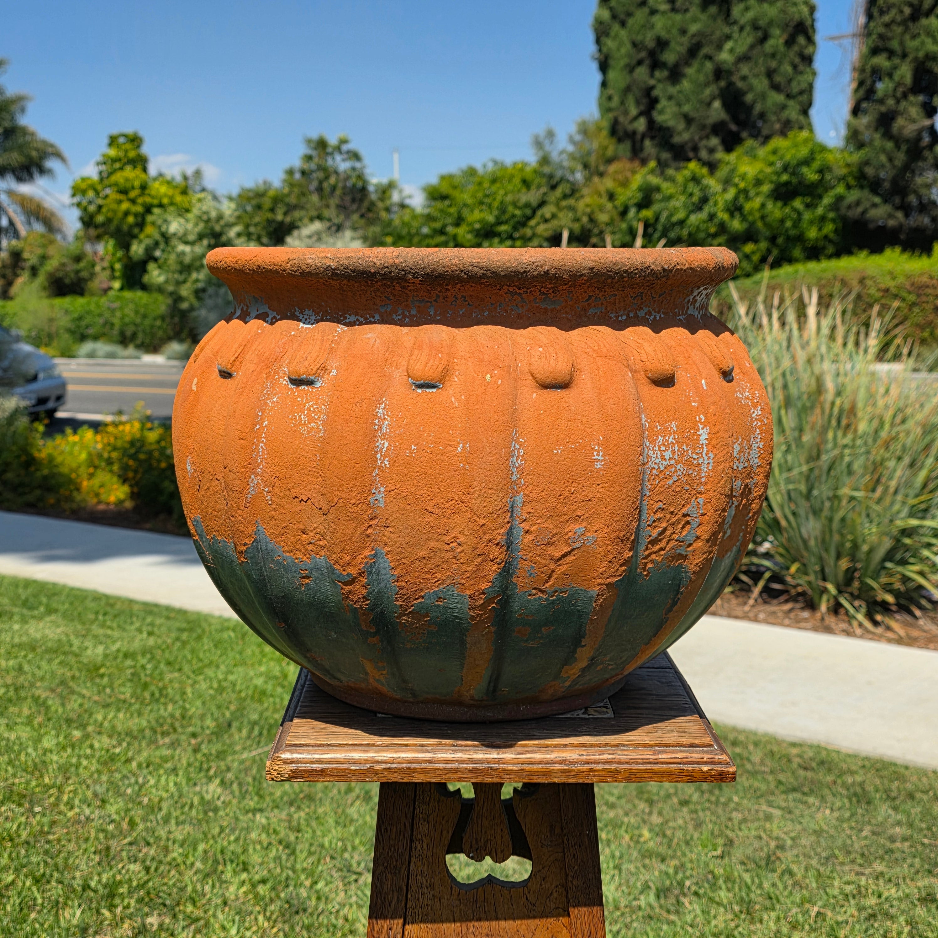 Vintage Stefani Brazil Terracotta Planter Large Ribbed Clay Pot Rustic 16"