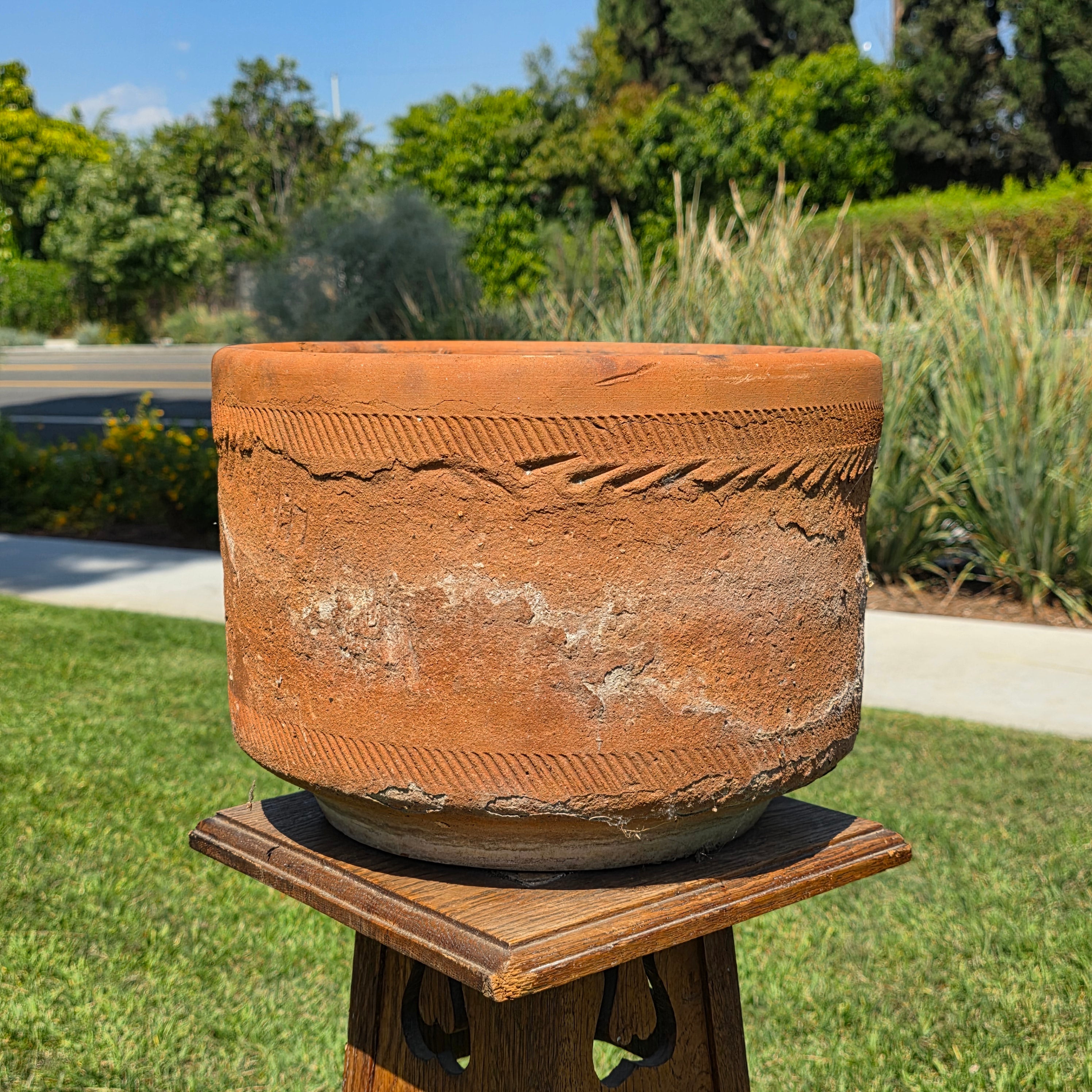 Vintage Sunburst Terracotta Planter Primitive Weathered Clay Pot Relic Garden 13