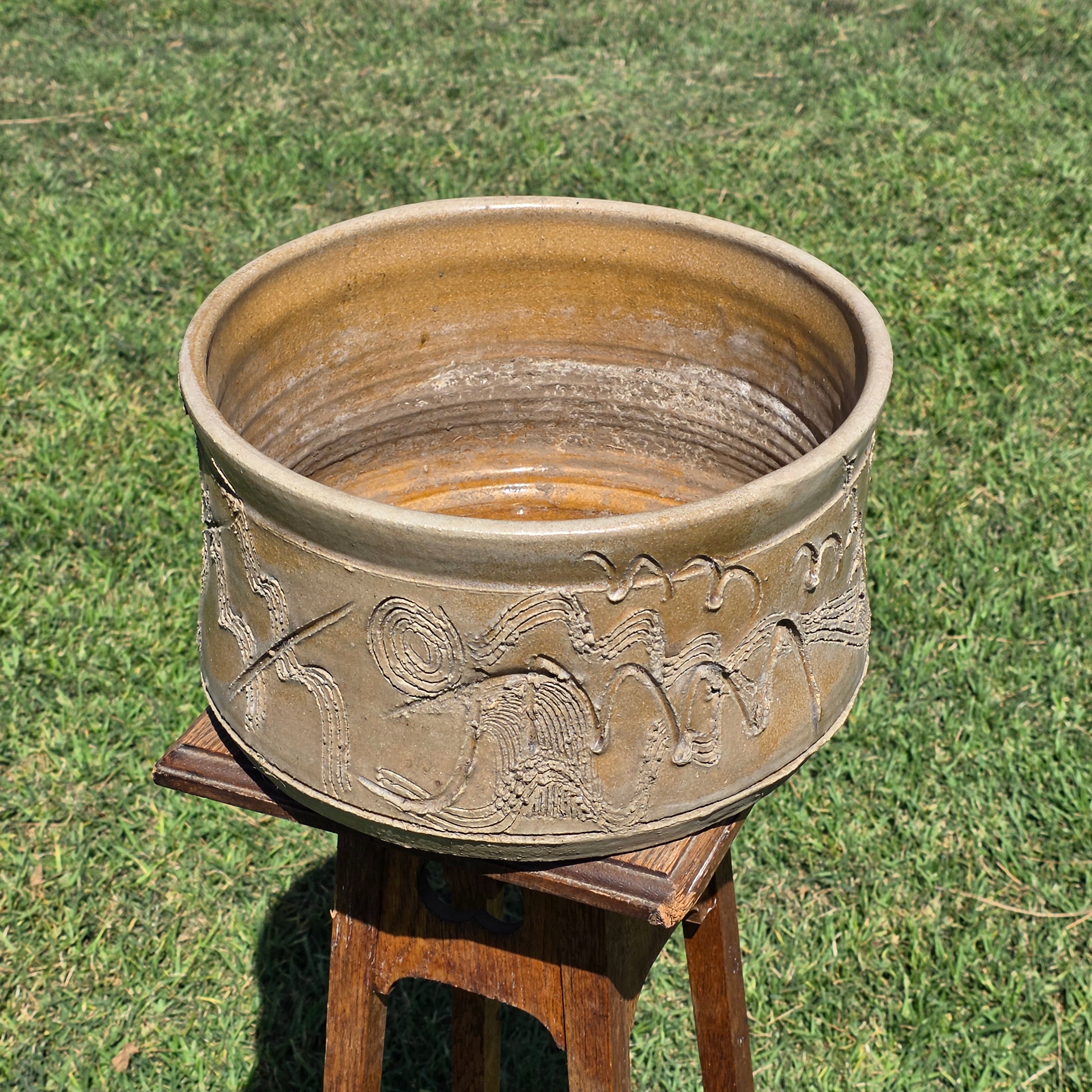 Vintage Studio Pottery Planter Brutalist Etched Olive Tan Stoneware Bowl 13"