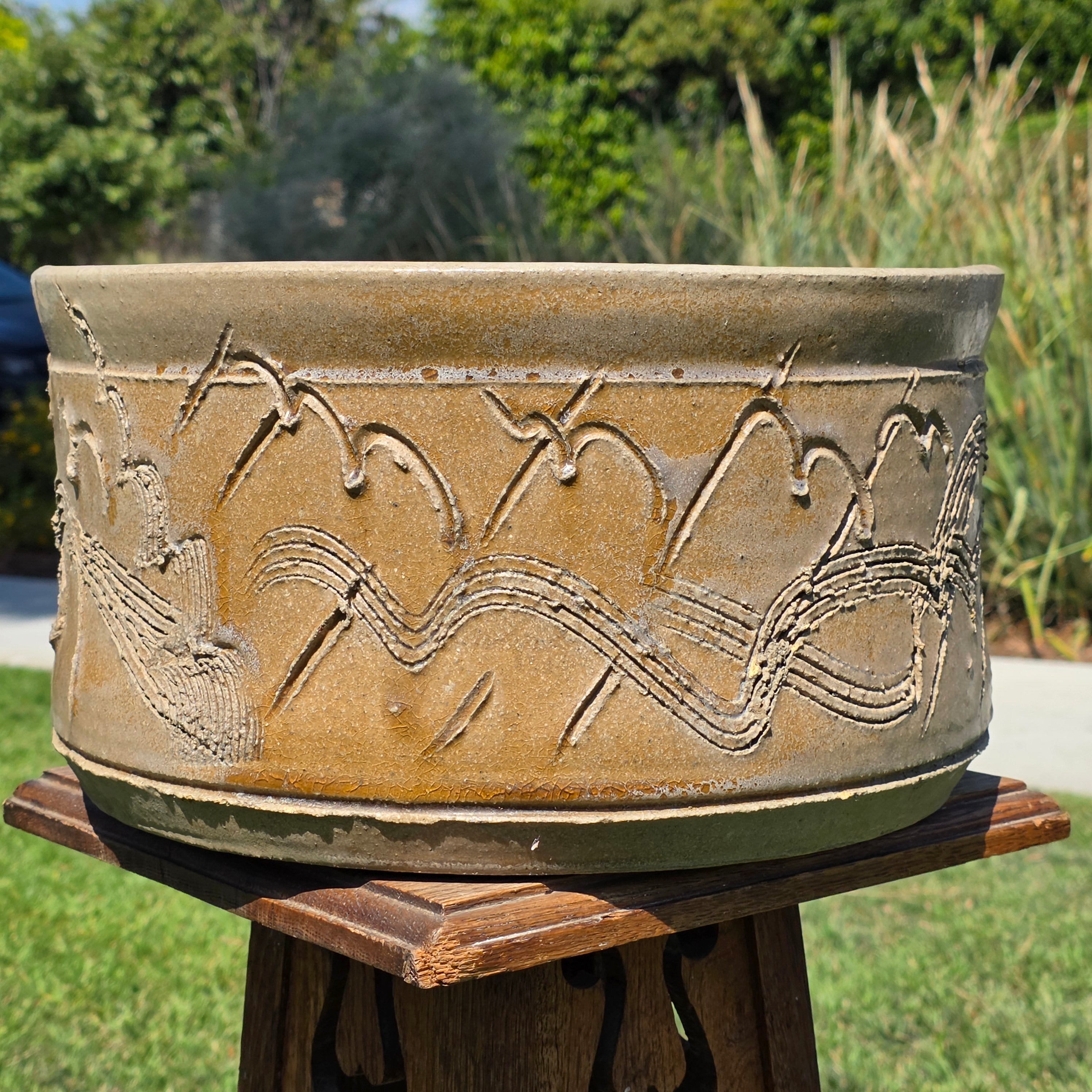 Vintage Studio Pottery Planter Brutalist Etched Olive Tan Stoneware Bowl 13"