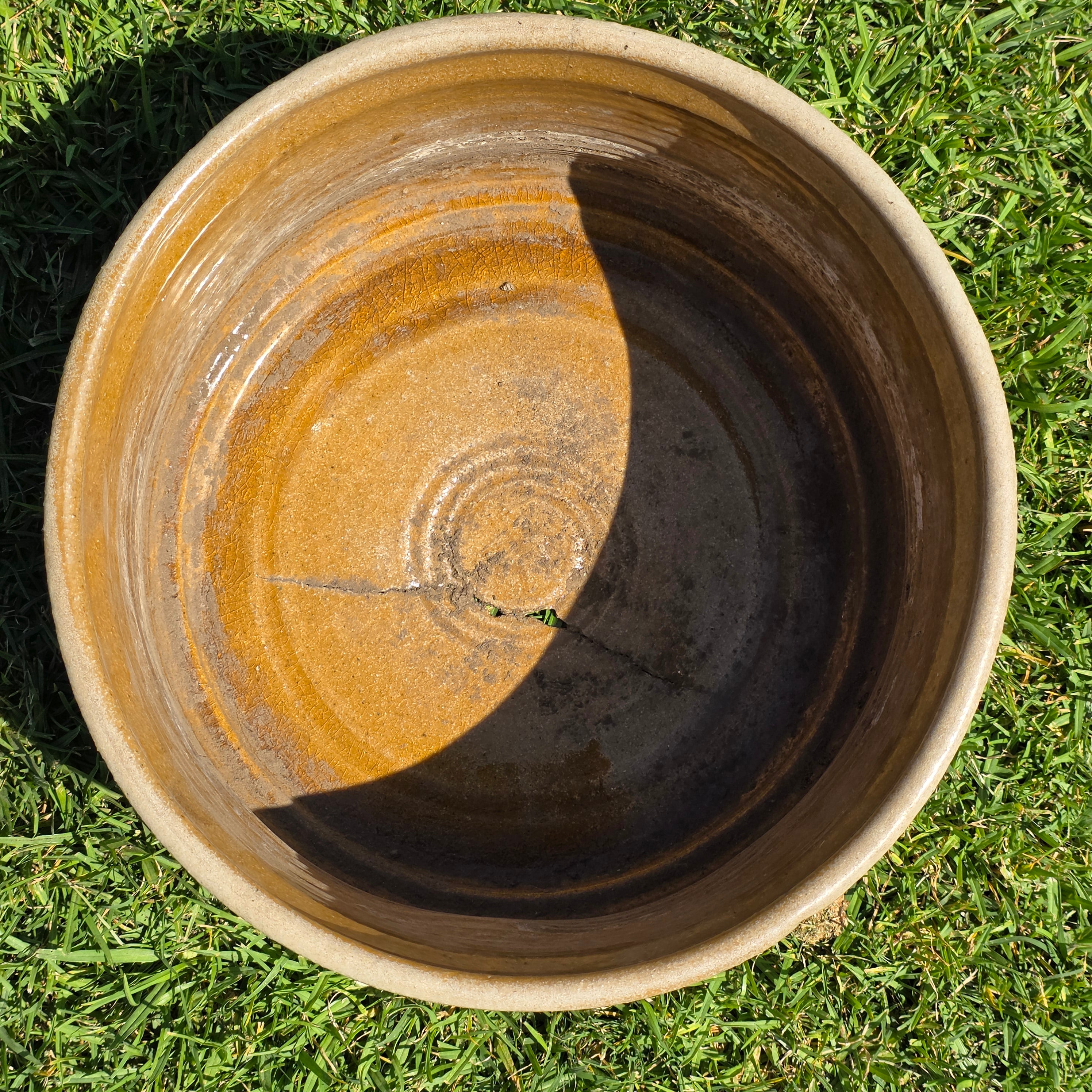 Vintage Studio Pottery Planter Brutalist Etched Olive Tan Stoneware Bowl 13"