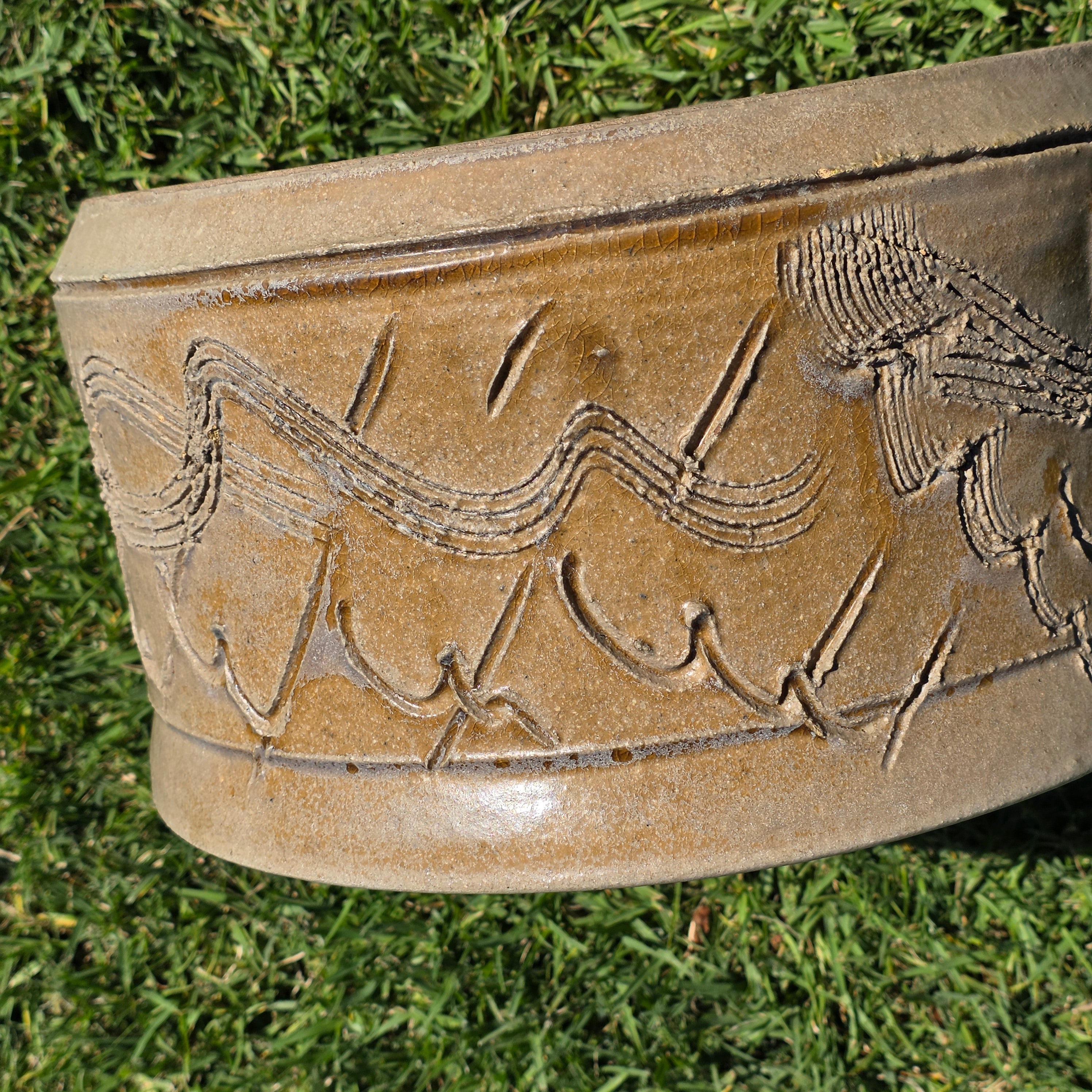 Vintage Studio Pottery Planter Brutalist Etched Olive Tan Stoneware Bowl 13"
